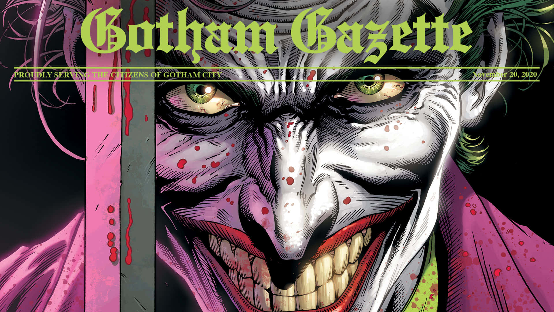 The Killing Joke 桌布 壁紙 — 小丑的威脅性特寫，帶著寬闊的笑容和綠色眼睛，由Gotham Gazette報紙標題框住。