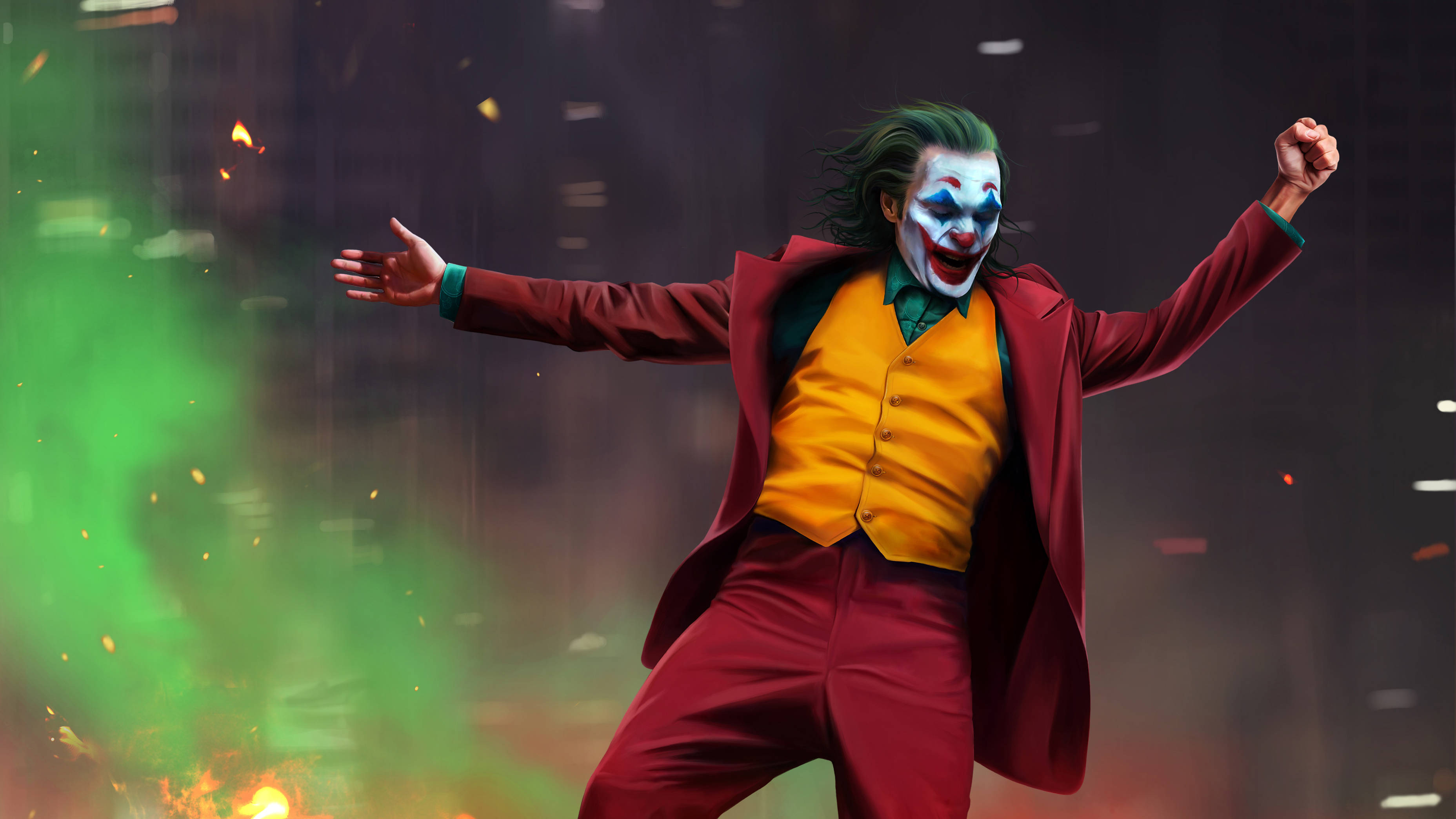 小丑 桌布 壁紙 — 小丑的戲劇性數位肖像，身穿紅色西裝和黃色背心，雙臂張開，背景是熾熱的綠色和橙色爆炸。