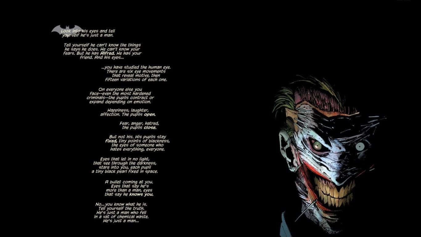 Joker Quotes 桌布 壁紙 — 小丑的特寫，咧嘴笑和發光的眼睛，背景是黑色和白色文字。