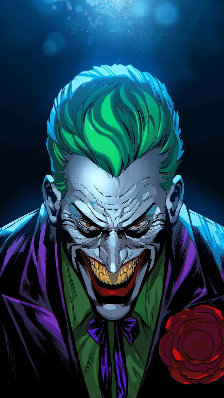 The Joker Comic 桌布 壁紙 — 小丑的特寫，帶有鮮豔的綠色頭髮和邪惡的笑容，背景為深藍色。