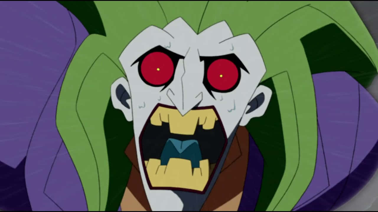 The Batman Vs Dracula 桌布 壁紙 — 小丑的特寫，擁有發光的紅色眼睛和寬闊的狂笑，背景為深紫色。