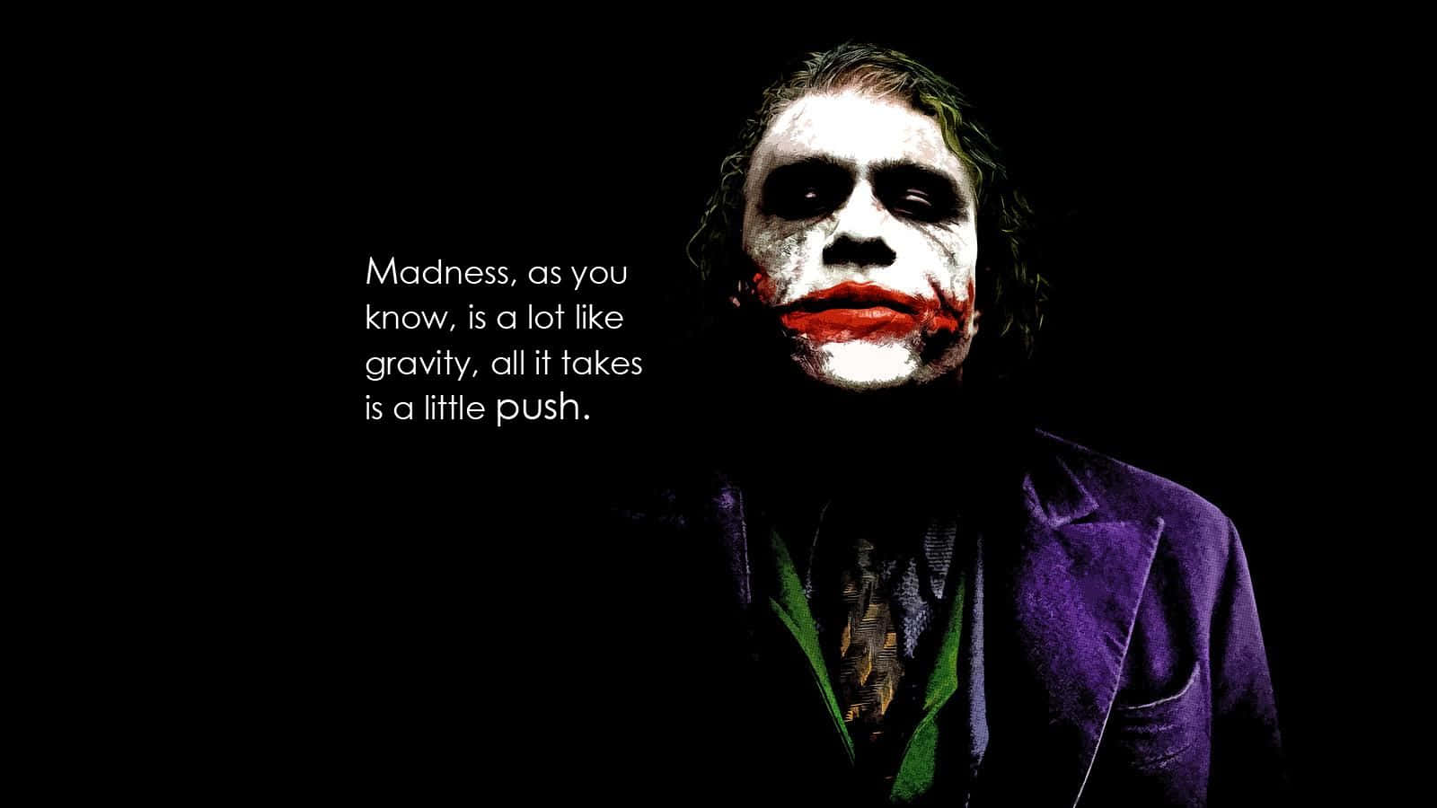 Joker Quotes 桌布 壁紙 — 小丑的特寫，白色臉部彩繪、紅唇、紫色西裝，黑色背景上有引文文字，充滿威脅感。
