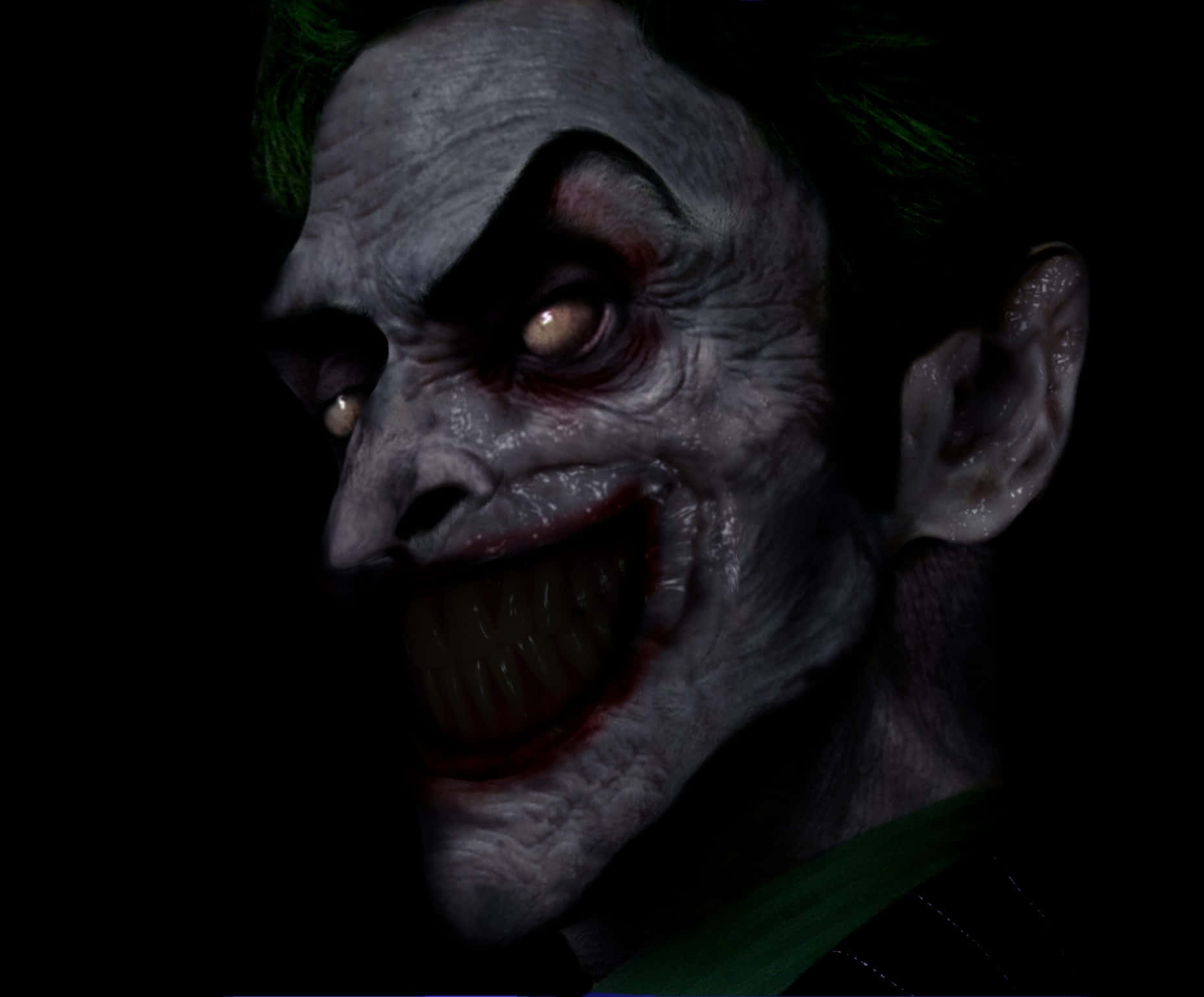Evil Joker 桌布 壁紙 — 小丑的特寫，蒼白的皮膚、綠色的頭髮，在黑色背景上露出血淋淋的咧嘴笑，充滿威脅。