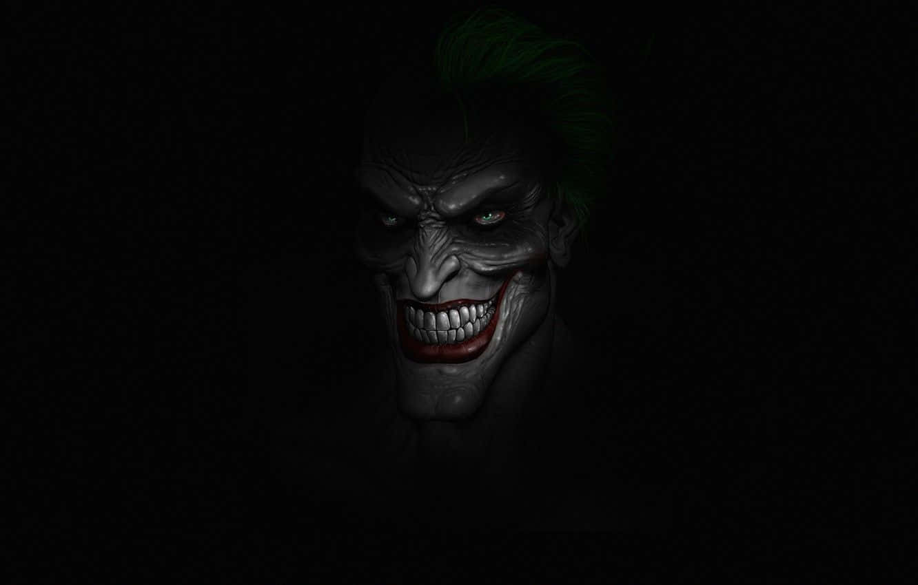 Joker Art 桌布 壁紙 — 小丑的近距離威脅特寫，發光的眼睛和綠色頭髮，背景是漆黑一片。