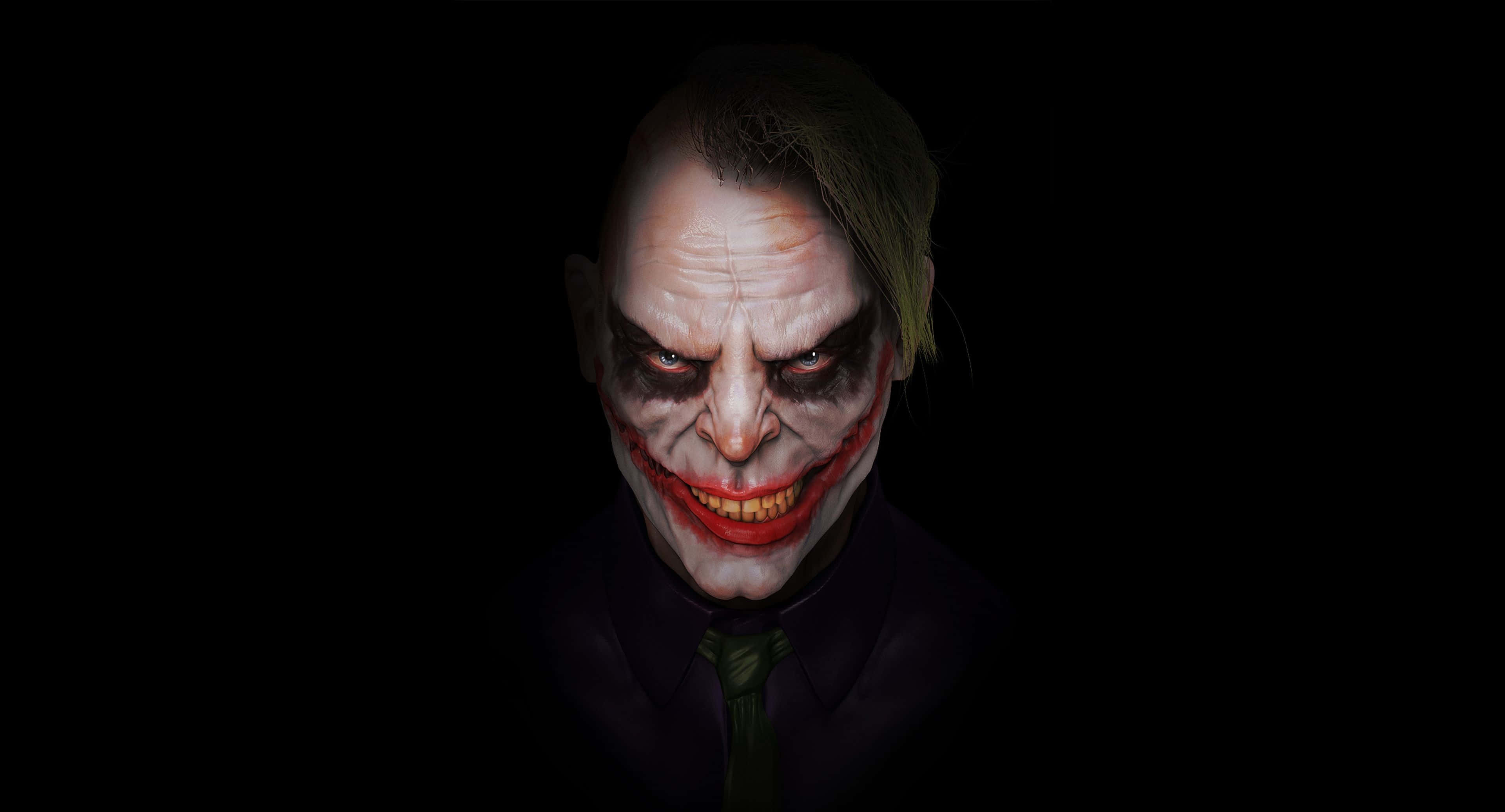 Evil Joker 桌布 壁紙 — 小丑的近距離威脅特寫，白色臉部彩繪、紅色嘴唇和綠色頭髮，黑色背景。