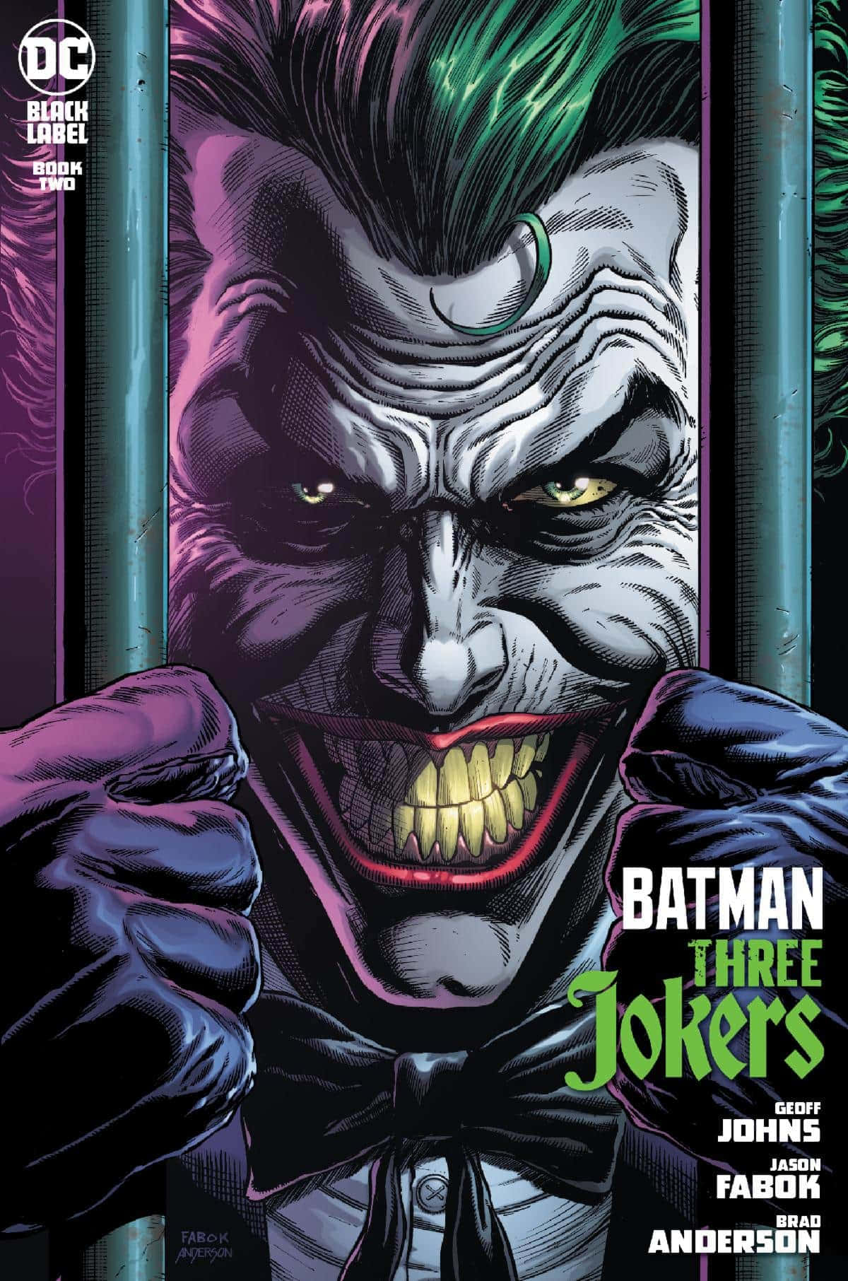 Batman Three Jokers 桌布 壁紙 — 小丑的近距離威脅特寫，綠色頭髮和咧嘴笑，在鐵欄後面，穿著有蝴蝶結的禮服。