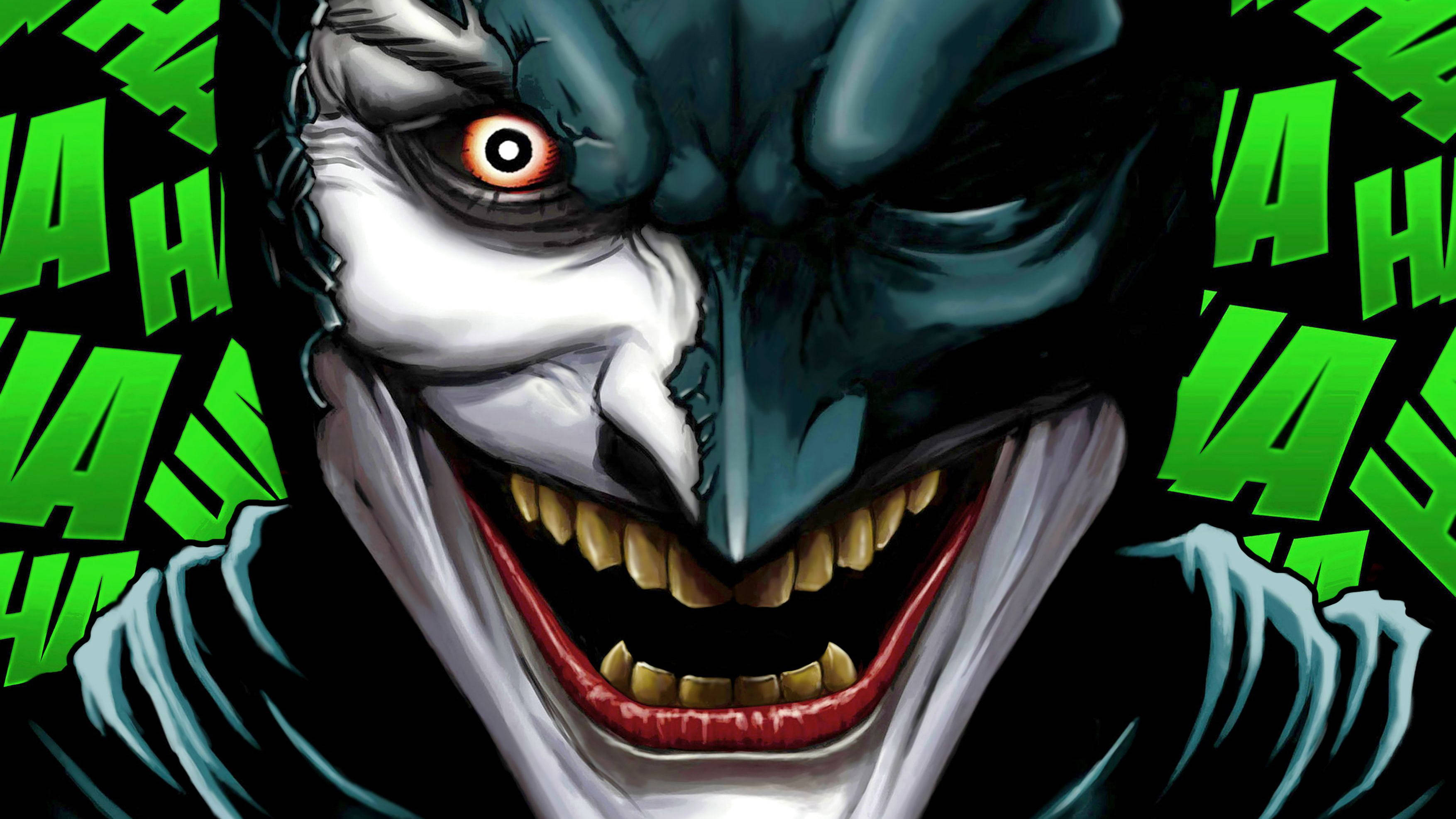 Joker Drawing 桌布 壁紙 — 小丑的近距離特寫，帶有寬闊的笑容、紅色的嘴唇和從他兩側爆發出的綠色笑聲文字。