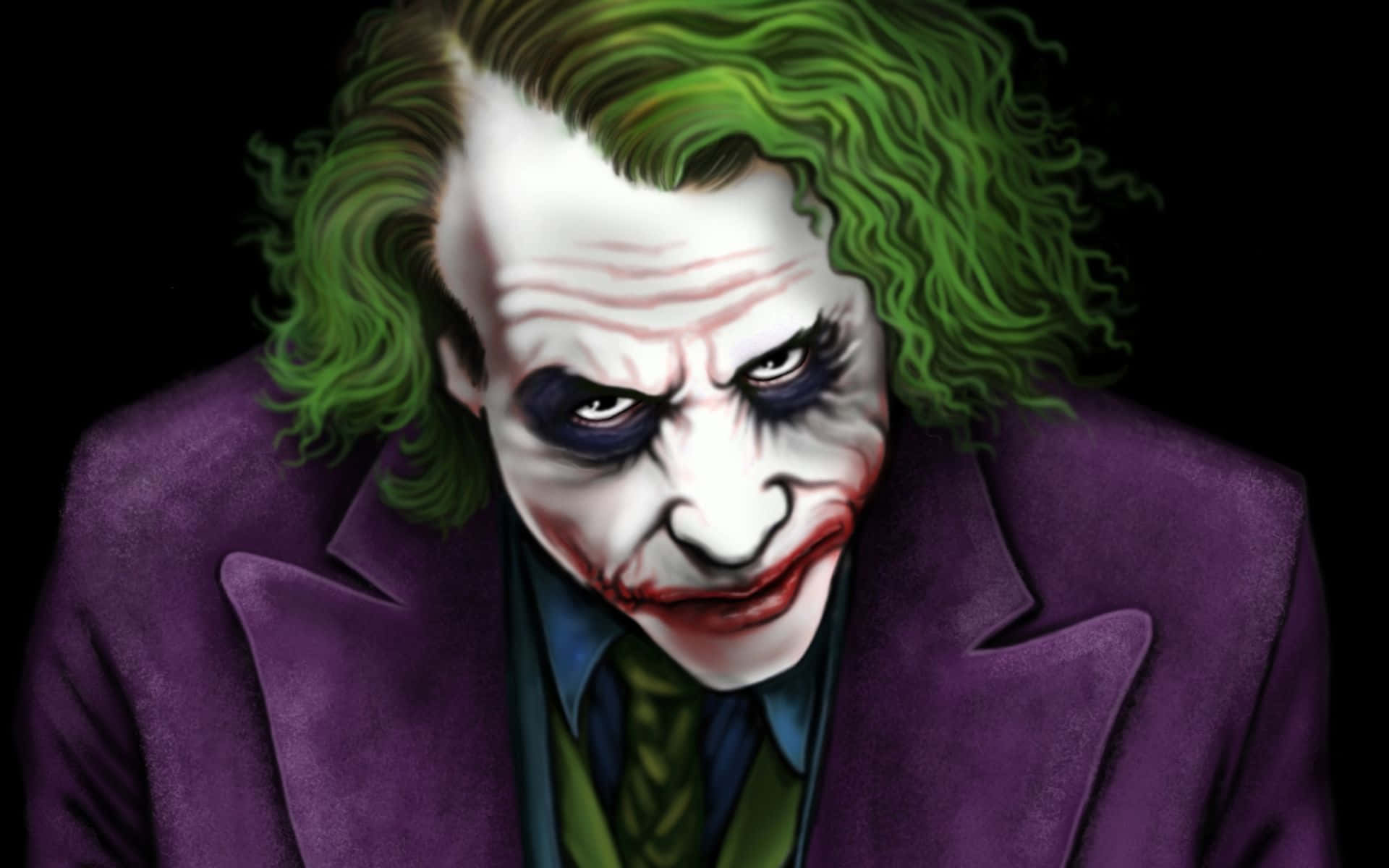 Joker Painting 桌布 壁紙 — 小丑的近距離特寫，帶有狂野的綠色頭髮和紫色西裝，背景為黑色。