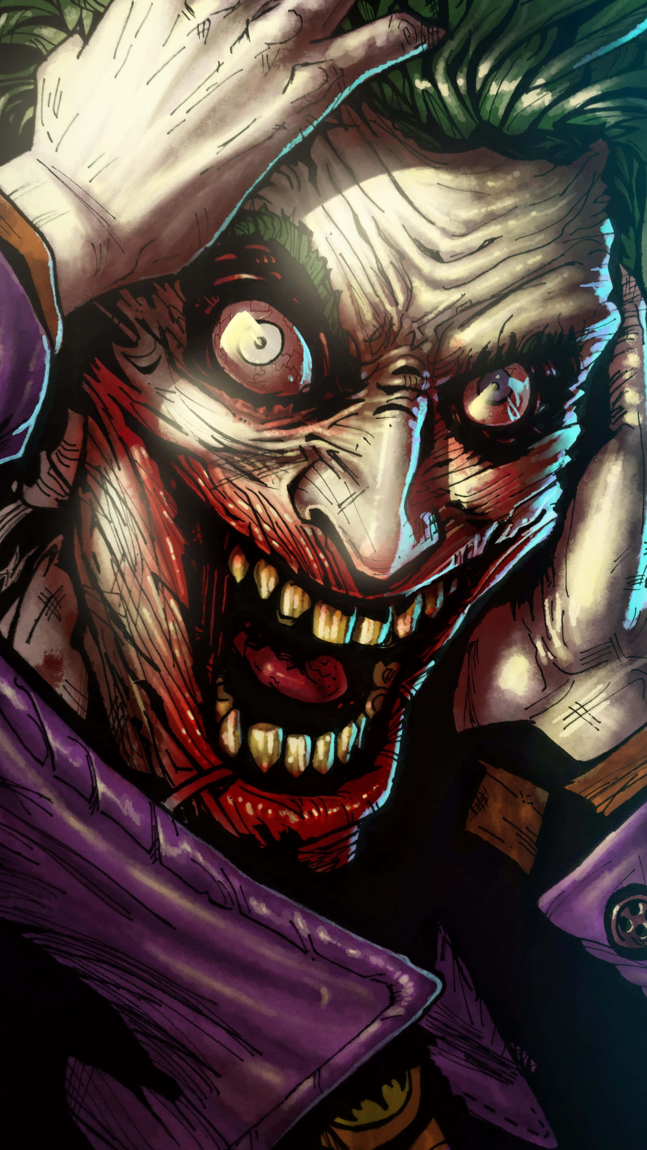 Joker Laughing 桌布 壁紙 — 小丑的近距離特寫，帶有狂野的綠髮、模糊的化妝和怪異的笑容，雙手抓著他的頭。