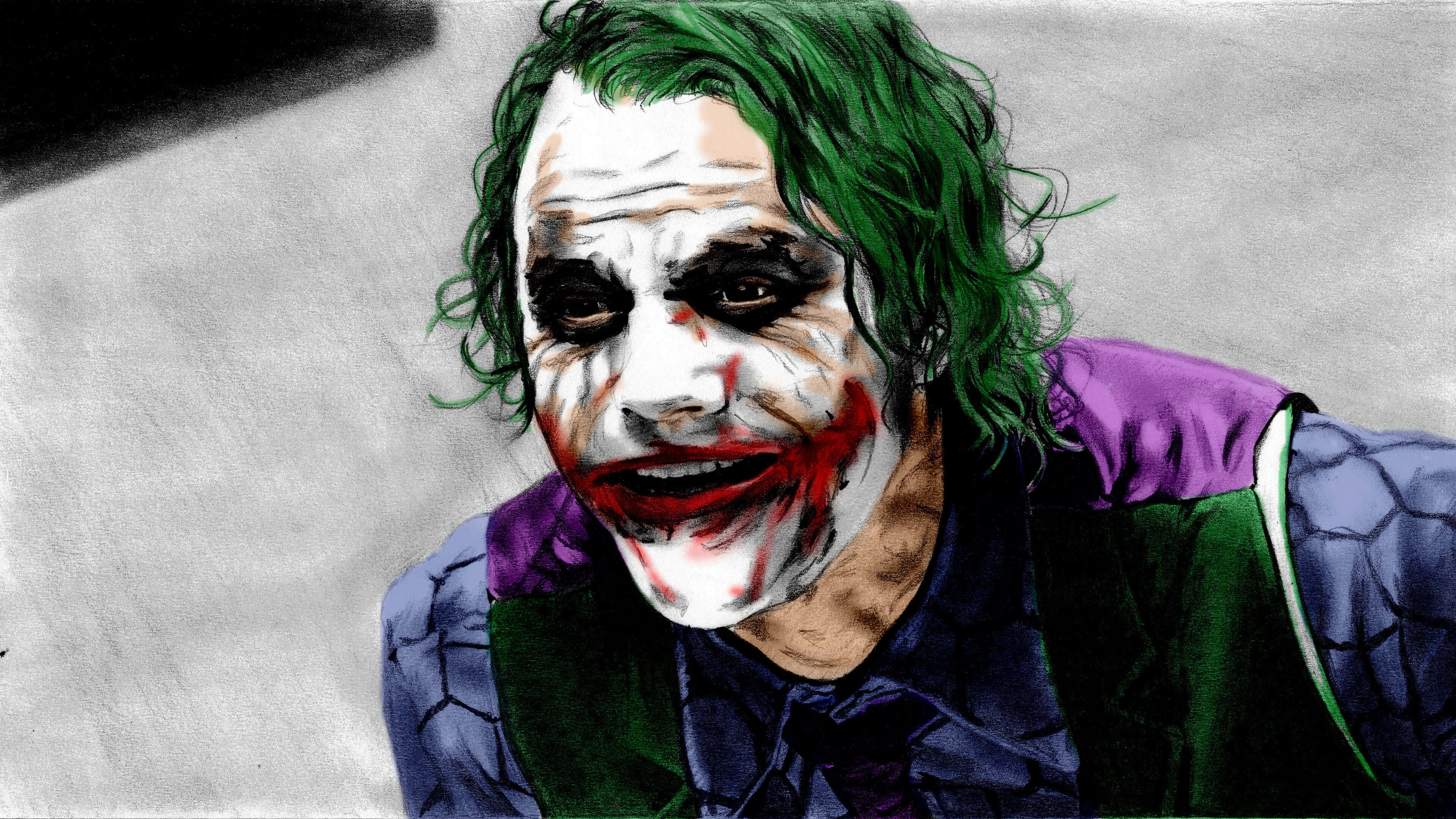 Dark Knight Joker In 4K Ultra HD 桌布 壁紙 — 小丑的近距離特寫，擁有狂野的綠色頭髮和塗抹的紅色唇膏，背景為灰色紋理。