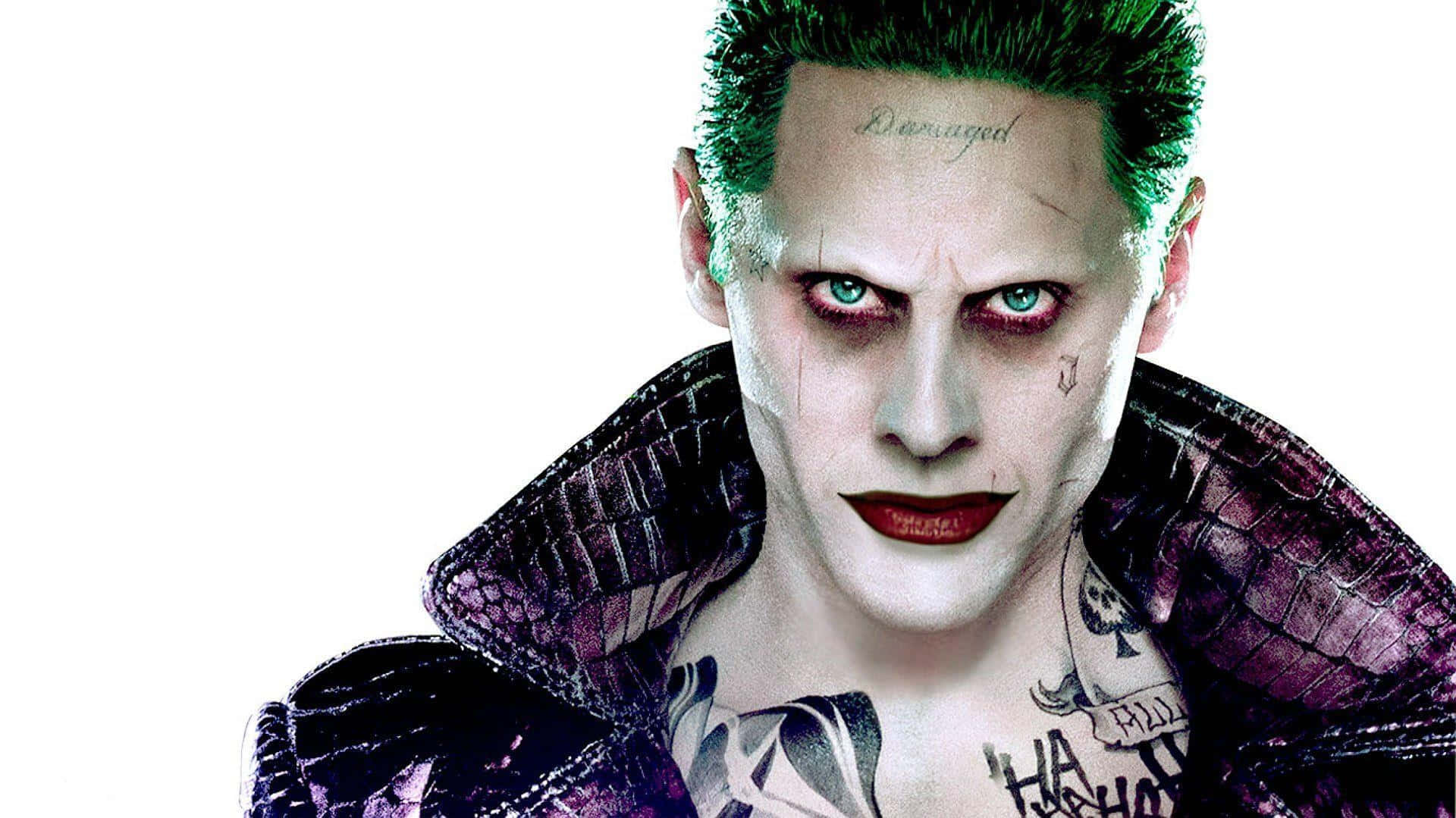 The Suicide Squad 桌布 壁紙 — 小丑的近距離特寫，綠色頭髮、紅唇和刺青，背景為純白色，充滿威脅感。