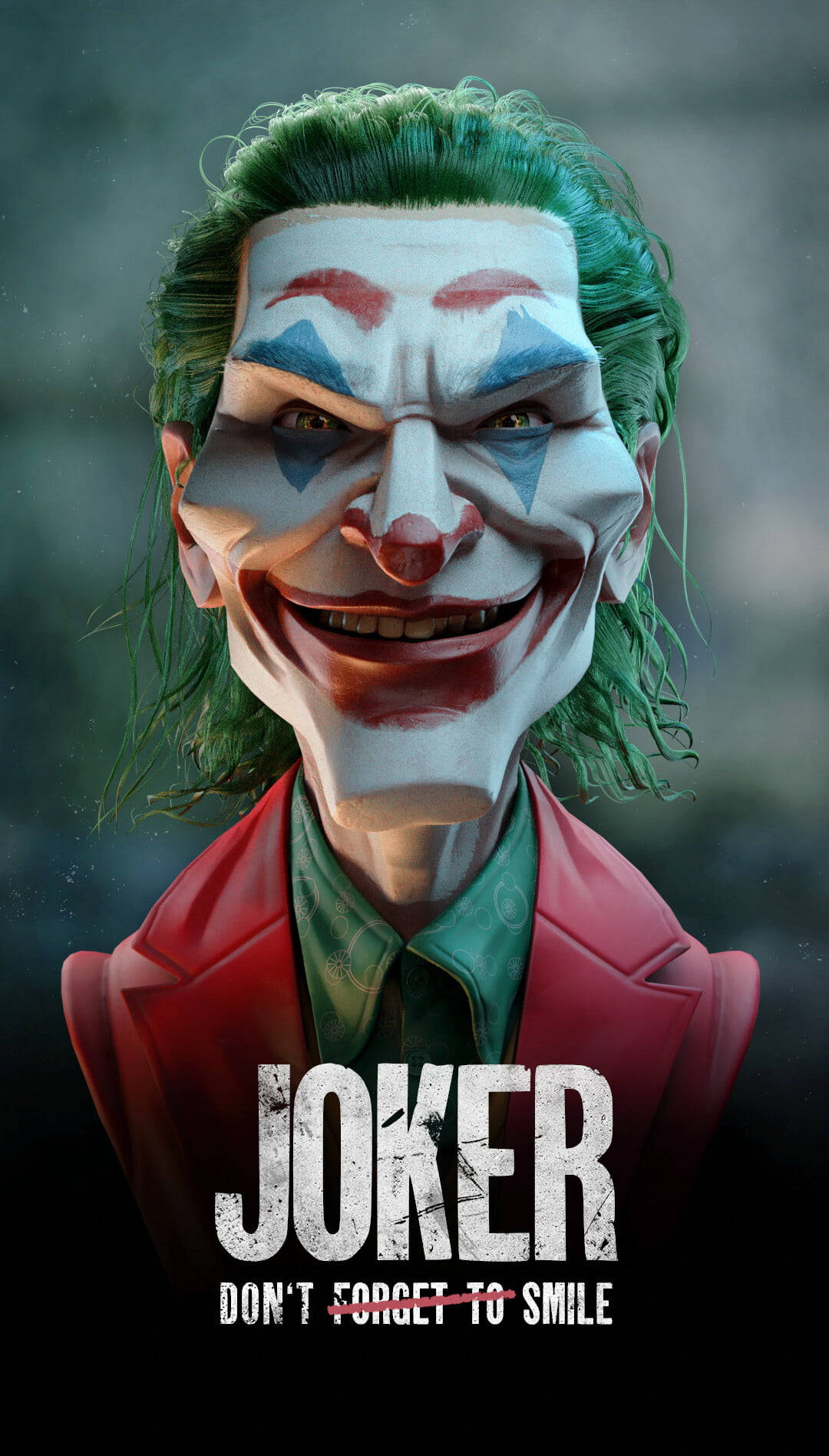 Joker Drawing 桌布 壁紙 — 小丑的近距離特寫，綠髮白臉，露出邪惡的笑容，背景昏暗模糊，充滿威脅感。