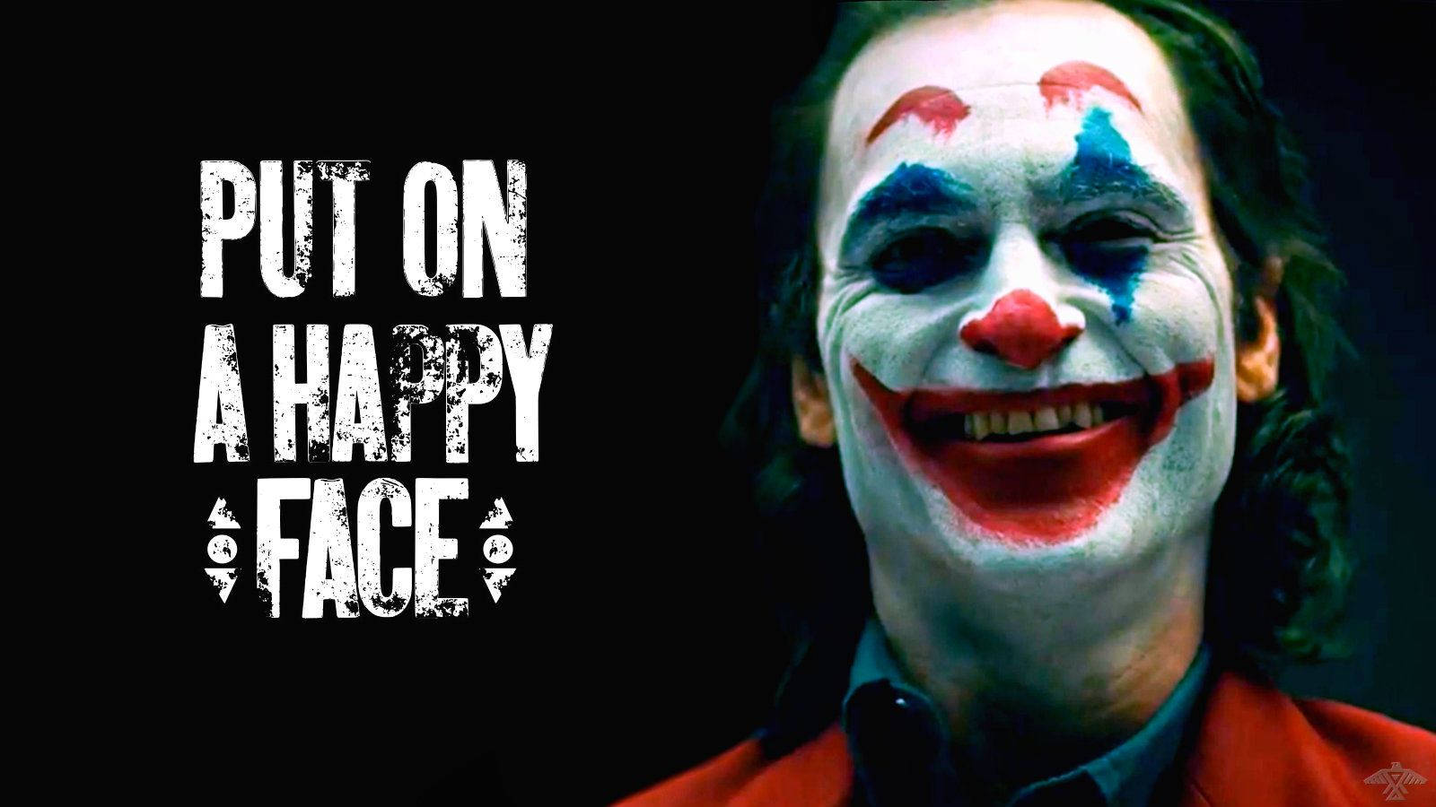 Joker 2019 桌布 壁紙 — 小丑的近距離特寫，臉上塗抹著小丑化妝，咧嘴大笑，背景為黑色，帶有粗體文字。