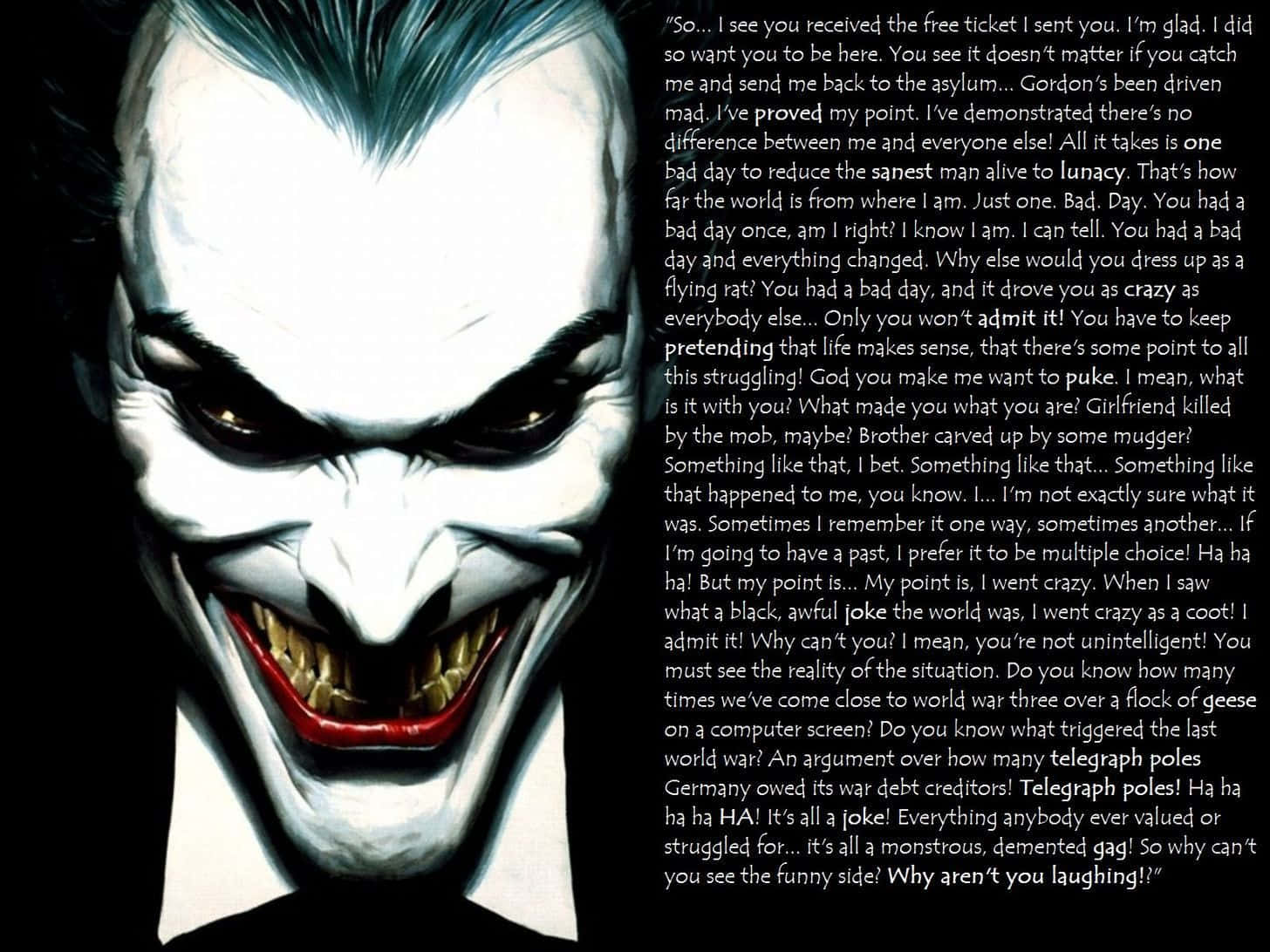 Joker Quotes 桌布 壁紙 — 小丑的近距離特寫，露出猙獰的笑容和尖銳的牙齒，背景為黑色，帶有白色文字。