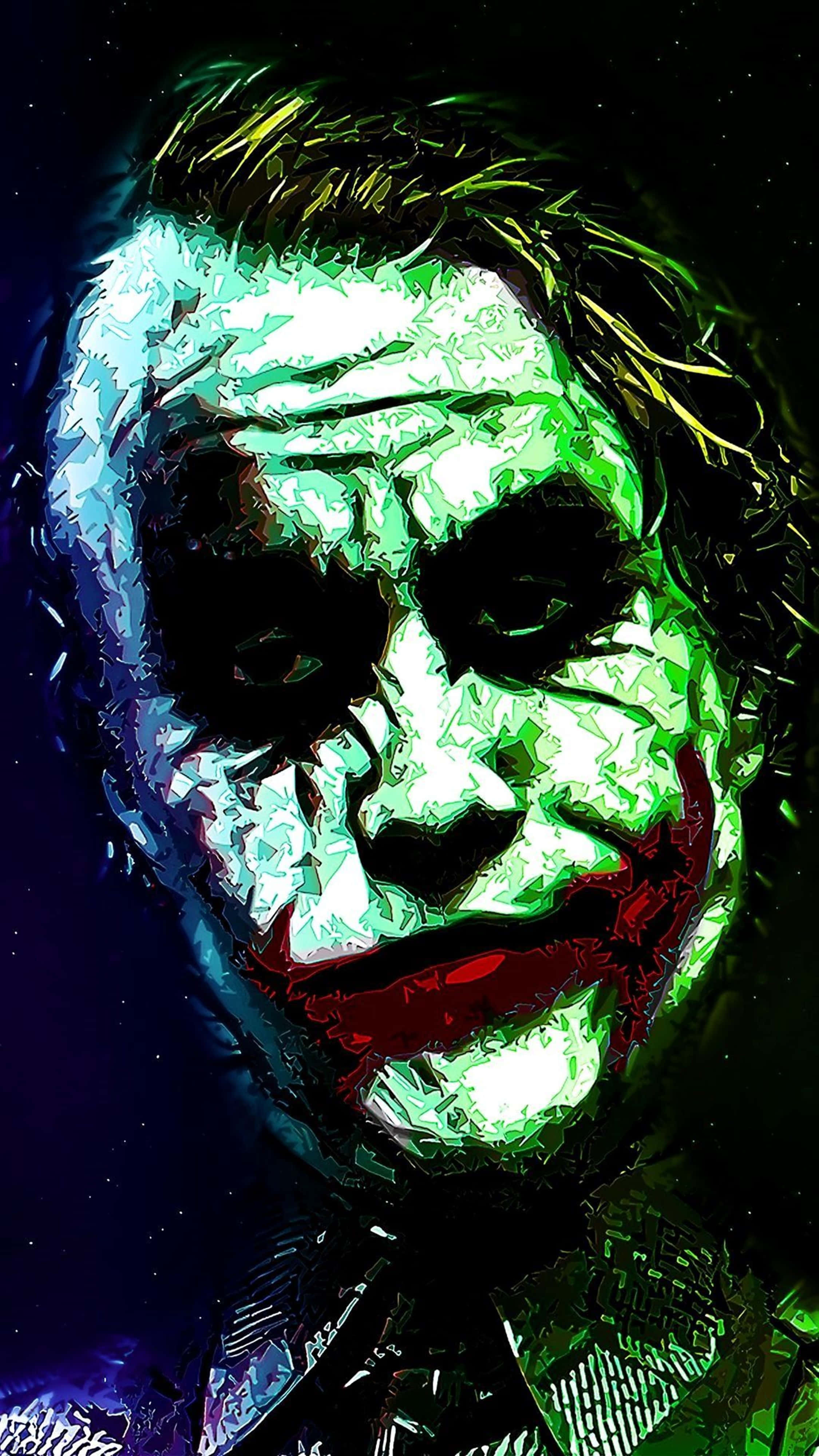 Joker And Harley Quinn 桌布 壁紙 — 小丑的風格化數位肖像，發光的綠色皮膚和寬闊的紅色笑容，背景是黑暗的宇宙。