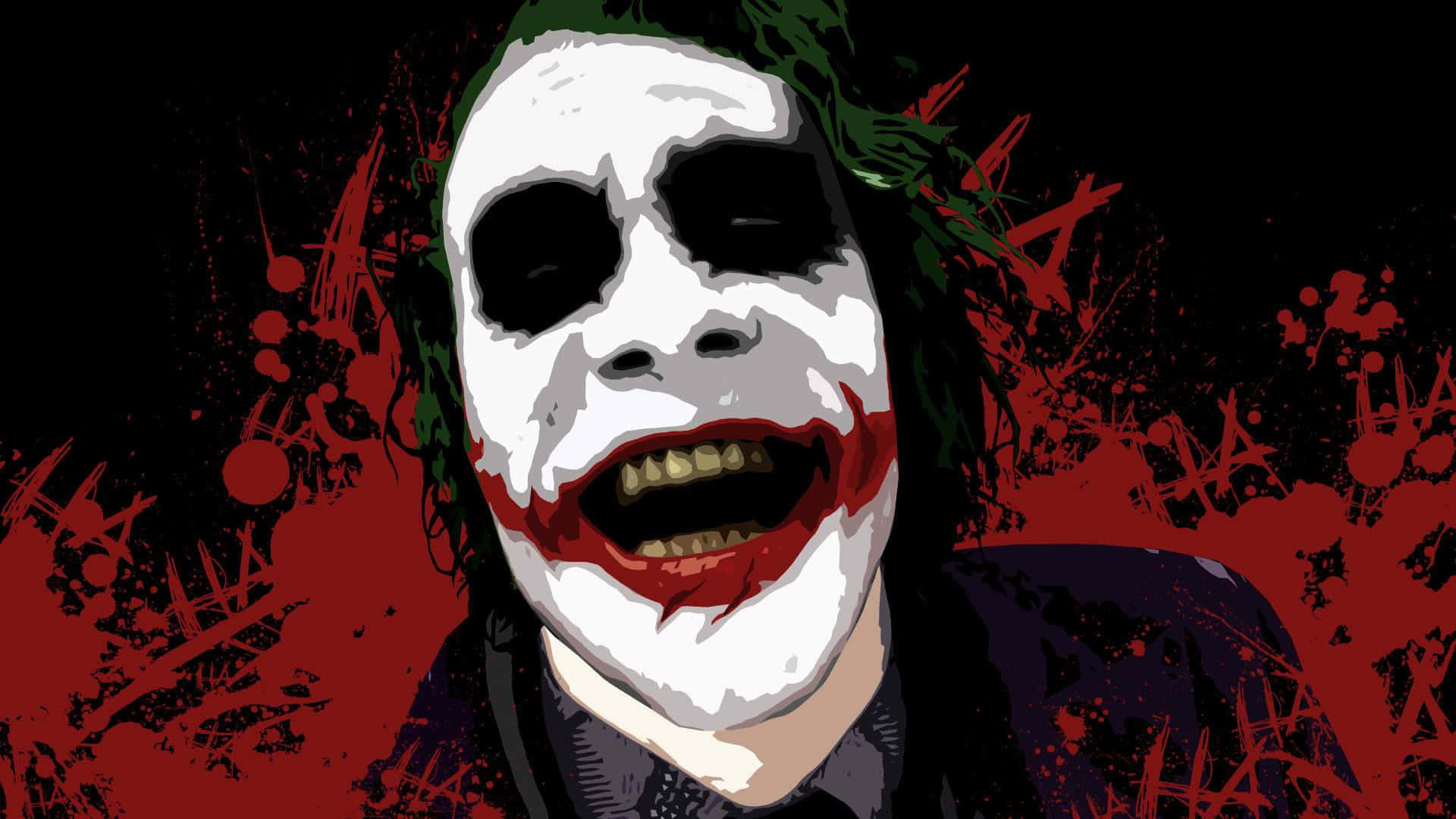Joker Laughing 桌布 壁紙 — 小丑的風格化數位肖像，白色臉龐、黑色眼睛、紅色嘴唇和綠色頭髮，背景為深紅色潑濺。