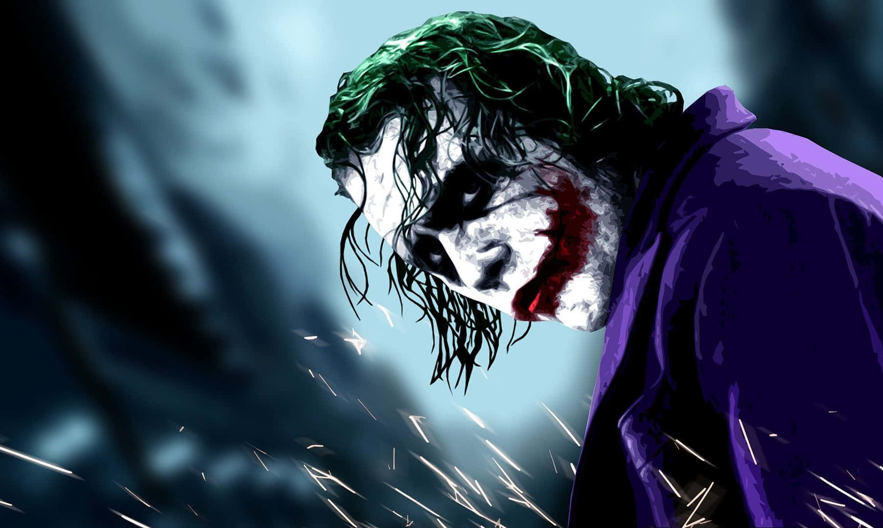 Evil Joker 桌布 壁紙 — 小丑的風格化數位肖像，綠色頭髮、白色臉龐、紅色嘴唇和紫色外套，背景陰暗風暴。