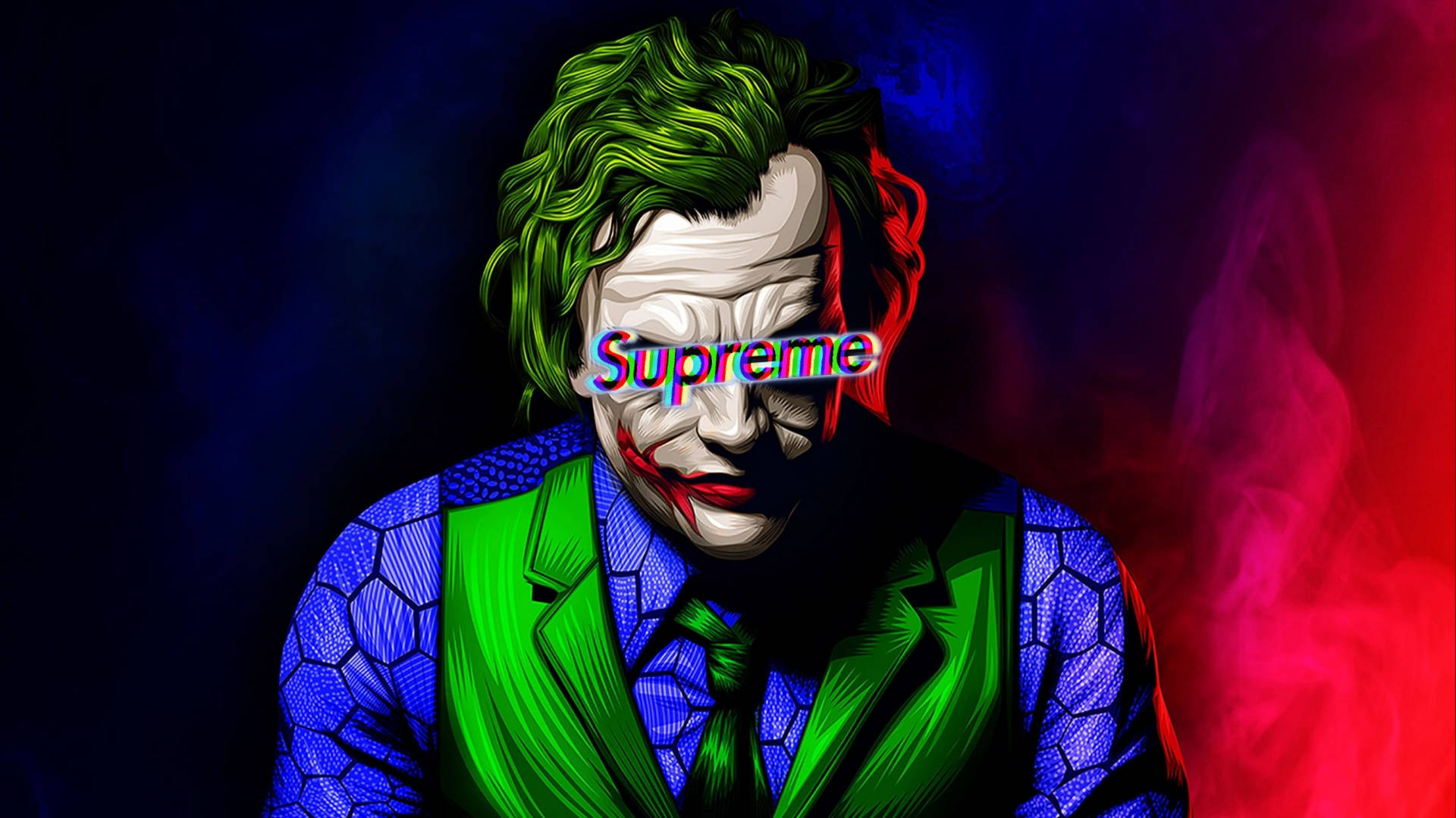 Cool Supreme 桌布 壁紙 — 小丑的風格化數位肖像，綠色頭髮和邪惡的笑容，背景是深紅和藍色的煙霧。