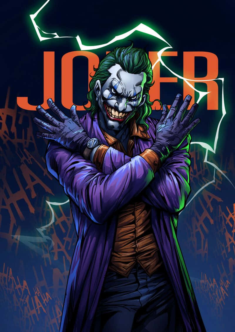 The Joker Comic 桌布 壁紙 — 小丑穿著紫色外套，綠色頭髮和白色臉部彩繪，在黑暗背景中狂笑，背景有發光的裂縫和重複的「HAHA」文字。