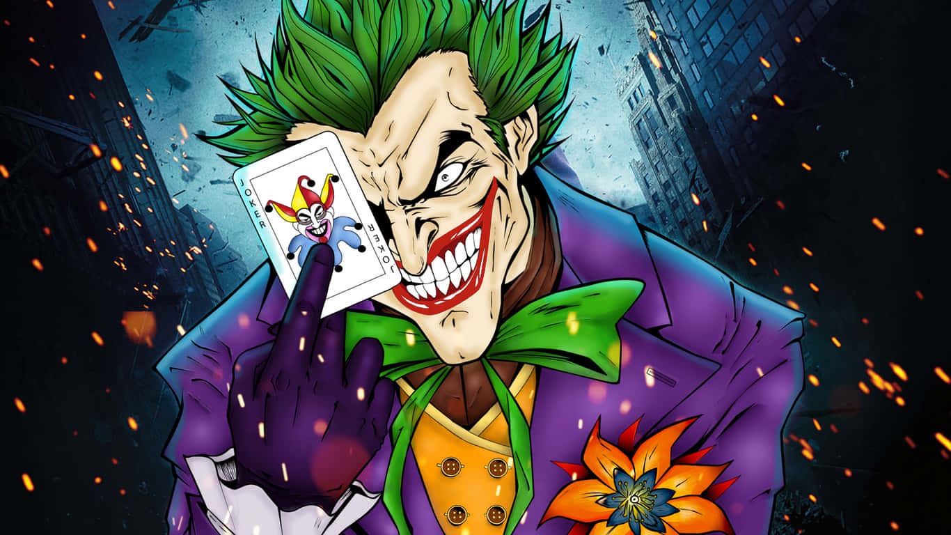 The Joker Comic 桌布 壁紙 — 小丑穿著紫色西裝，在 crumbling 的城市背景下，手持小丑卡，瘋狂地咧嘴大笑，火花四濺。