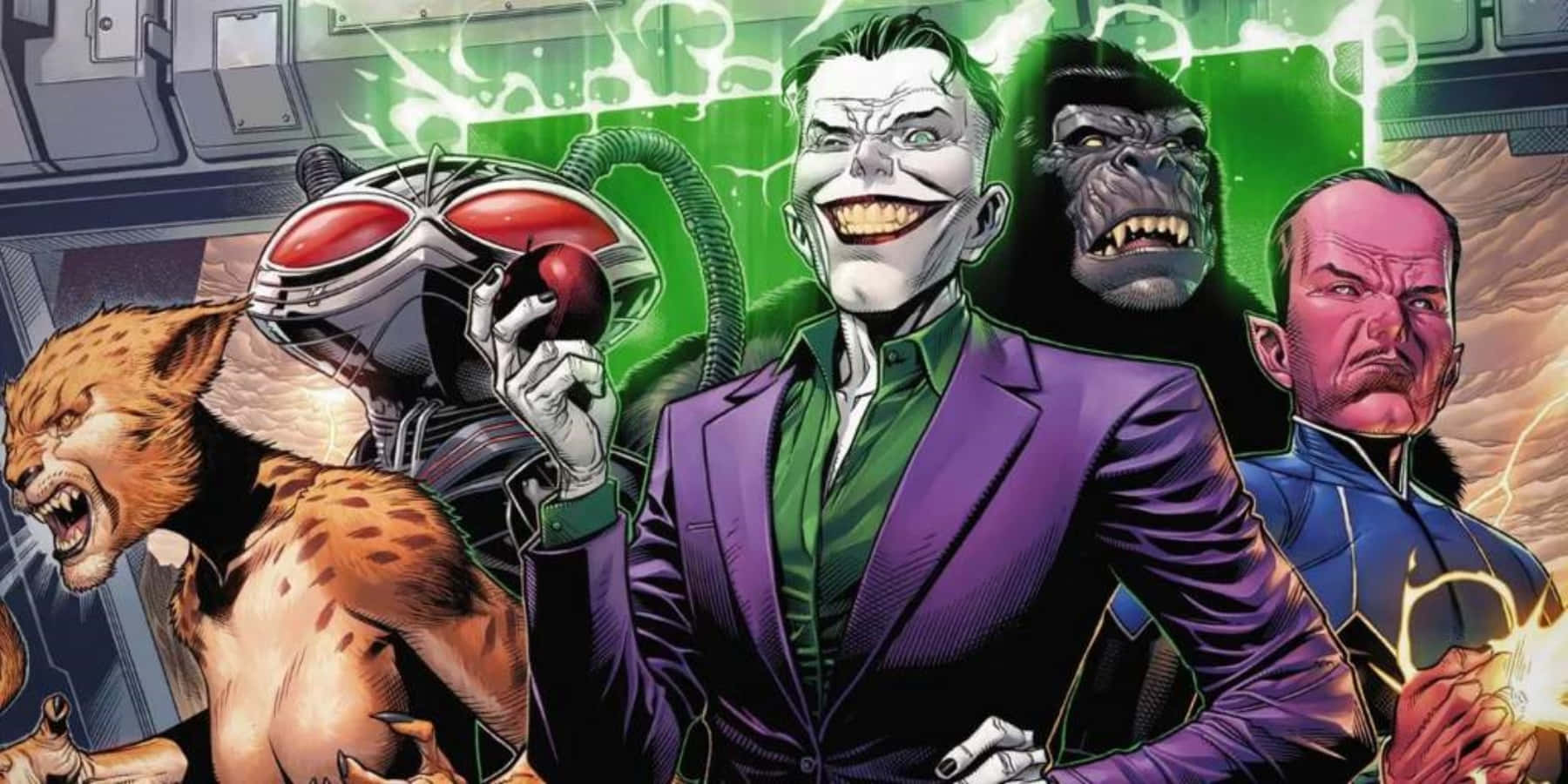 Supervillain Team-up 桌布 壁紙 — 小丑穿著紫色西裝，在包括殺手鱷和企鵝在內的惡棍包圍下，以漫畫風格瘋狂大笑。