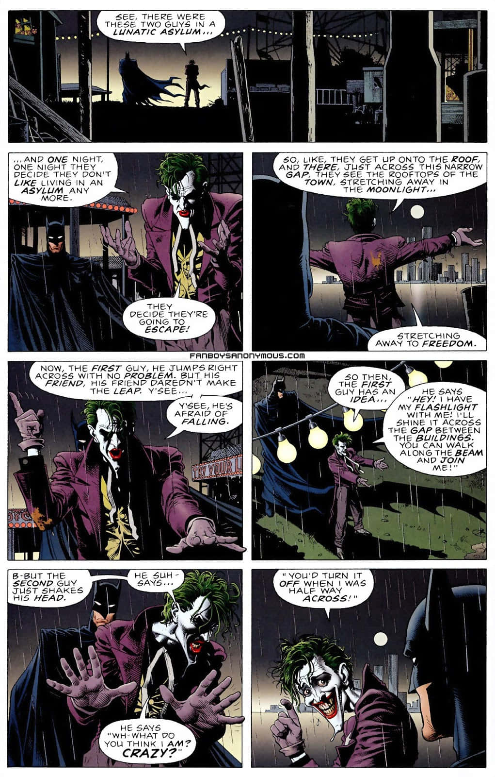 The Killing Joke 桌布 壁紙 — 小丑穿著紫色西裝，在夜晚的屋頂上嘲弄蝙蝠俠，同時指向月光下遠處的城市景觀。