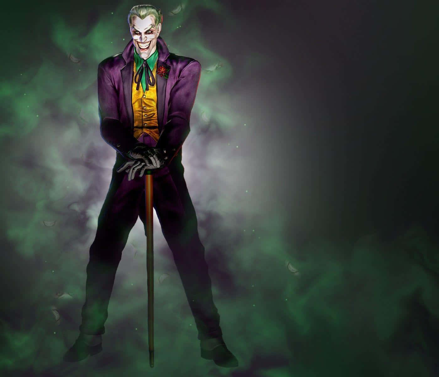 Joker Art 桌布 壁紙 — 小丑穿著紫色西裝，在旋轉的綠色和黑色霧氣背景中威風凜凜地站立。