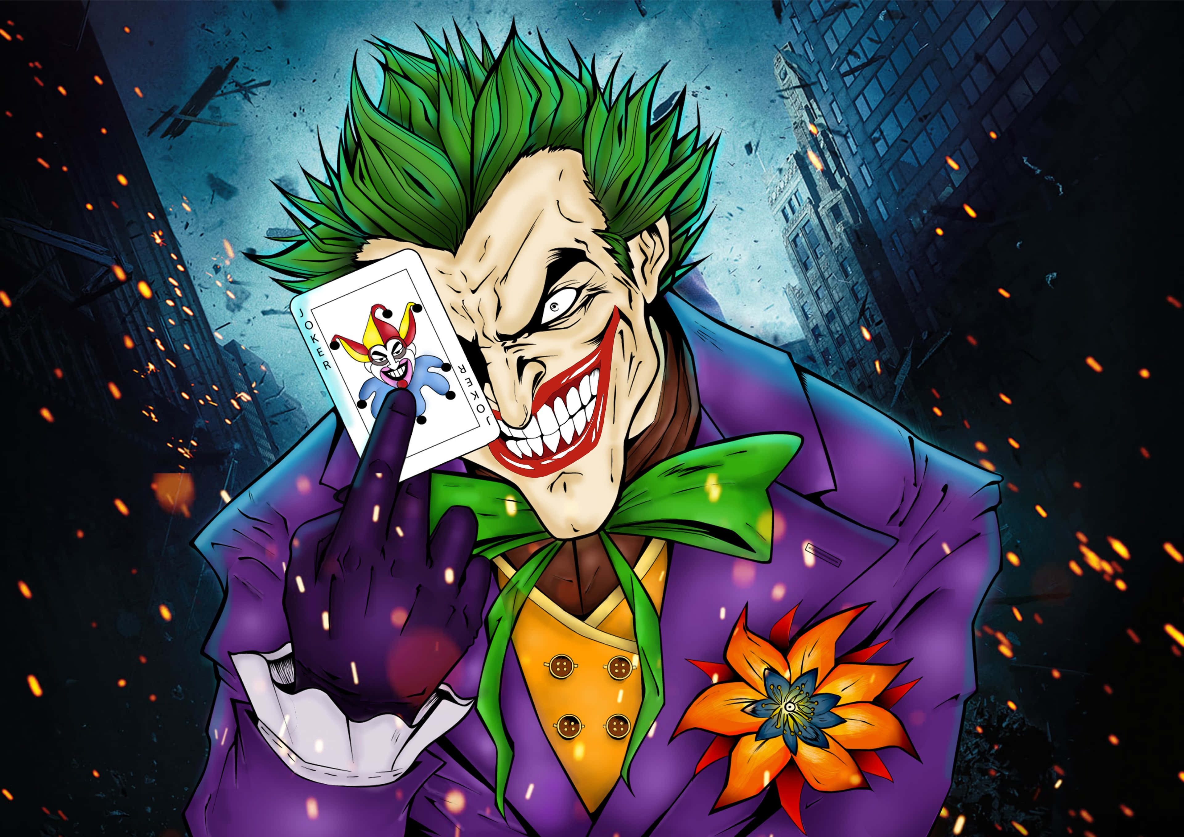 Batman Comics 桌布 壁紙 — 小丑穿著紫色西裝，在火花四濺和崩塌的城市景觀中，狂笑著手持小丑牌。