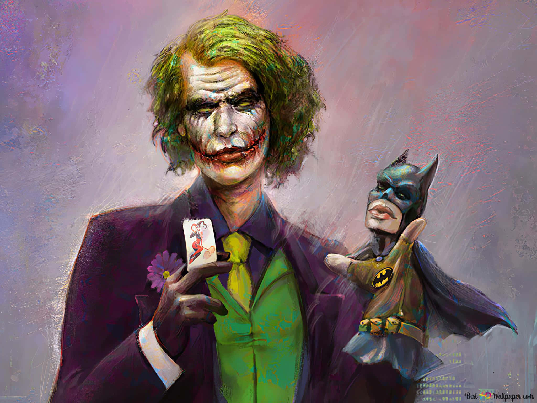 The Joker Comic 桌布 壁紙 — 小丑穿著紫色西裝，手持紅心皇后牌，蝙蝠俠站在他旁邊，這是一幅風格化的數位畫作。