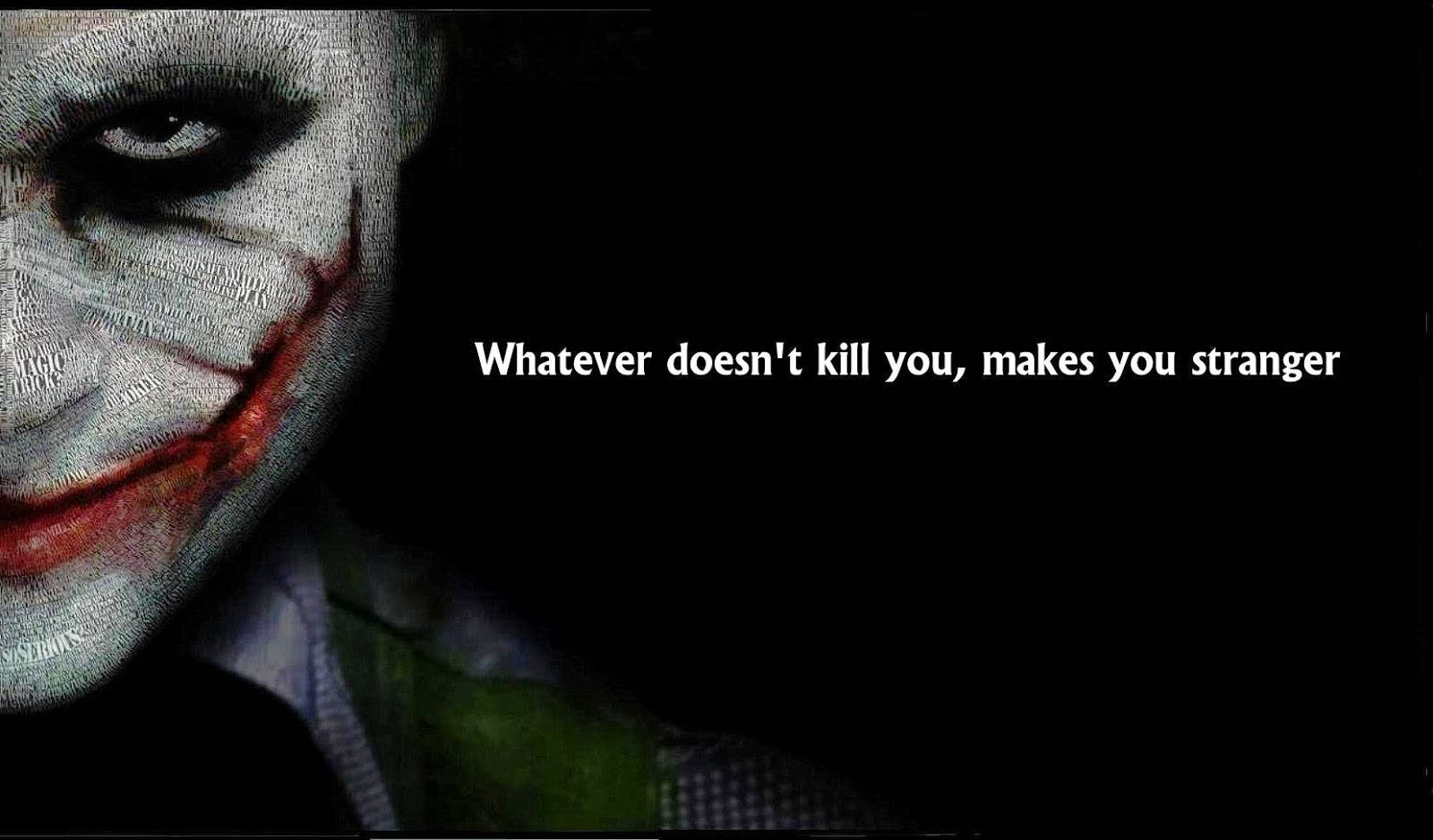 batman quotes 桌布 壁紙 — 小丑紋理臉部的特寫，帶著邪惡的笑容，黑色背景上有白色文字。