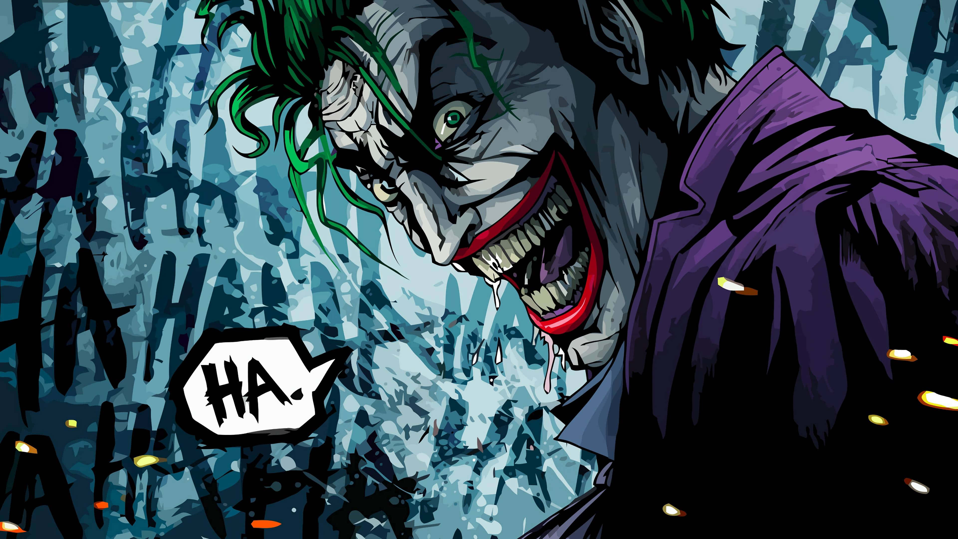 Joker Laughing 桌布 壁紙 — 小丑綠髮紫衣，在混亂的藍色背景前狂笑。