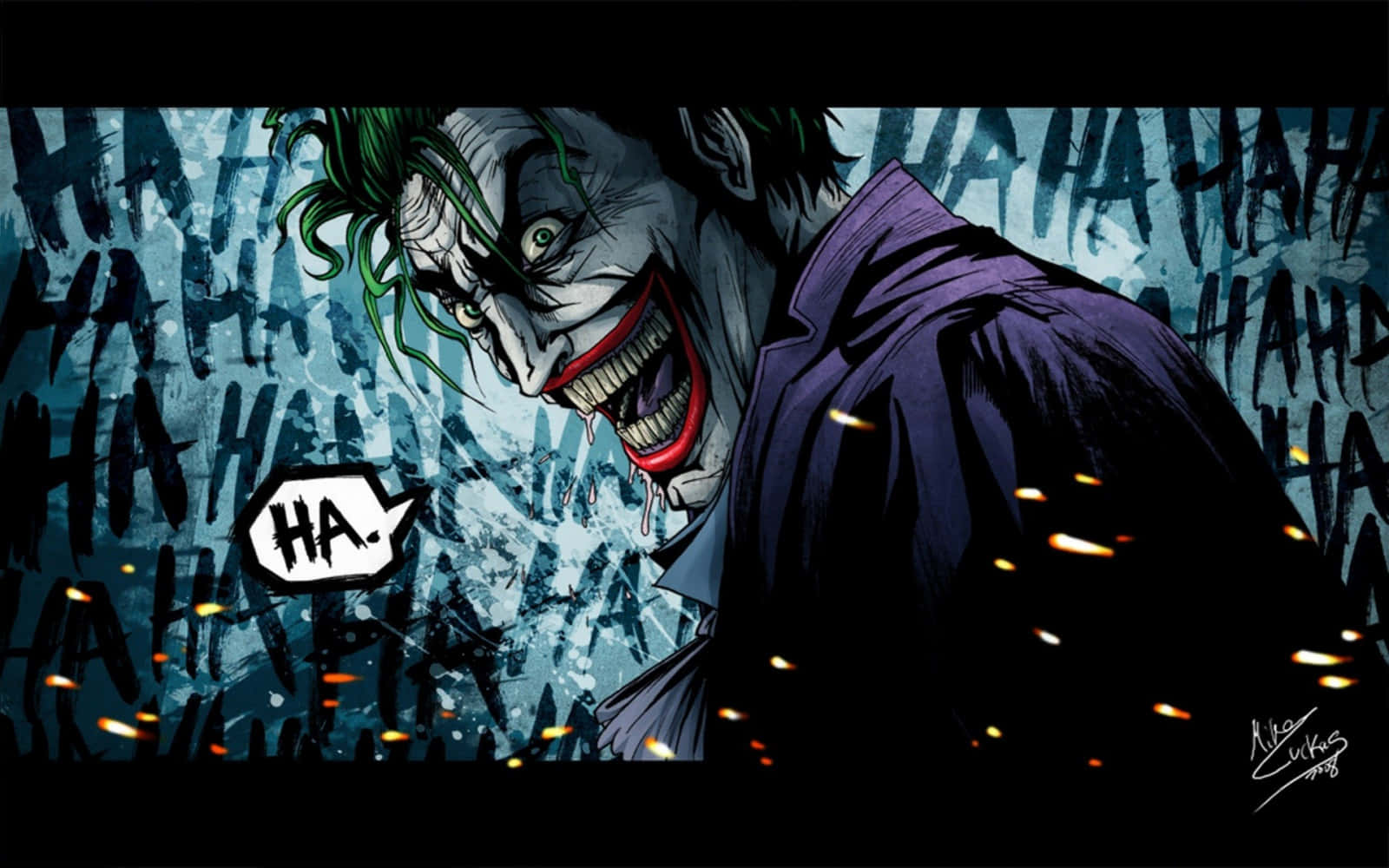 The Joker Comic 桌布 壁紙 — 小丑綠髮紫衣，在火花四濺的混亂藍色背景前狂笑。