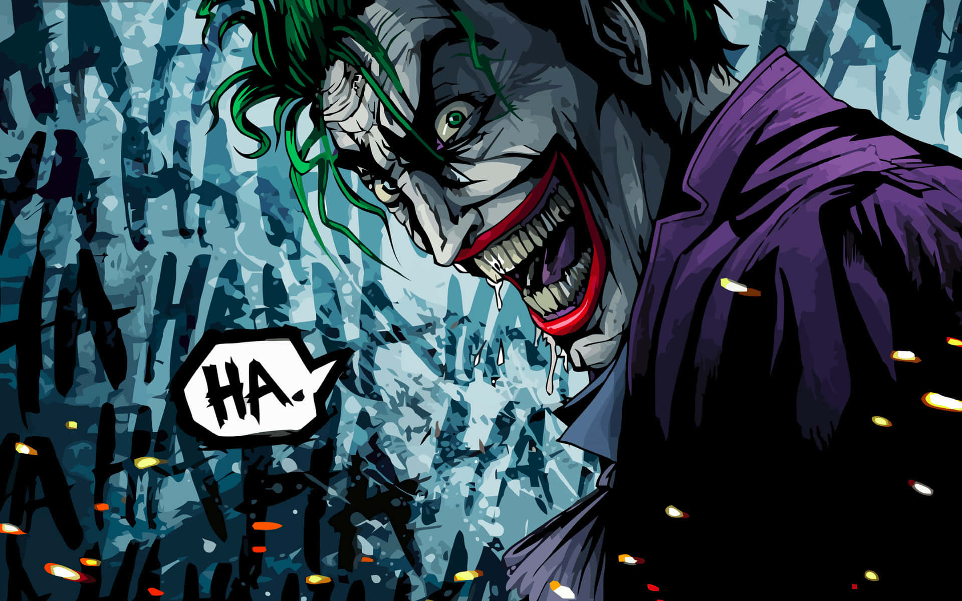 Joker Comic 桌布 壁紙 — 小丑綠髮紫衣，在重複的「HA」文字混亂背景中狂笑。