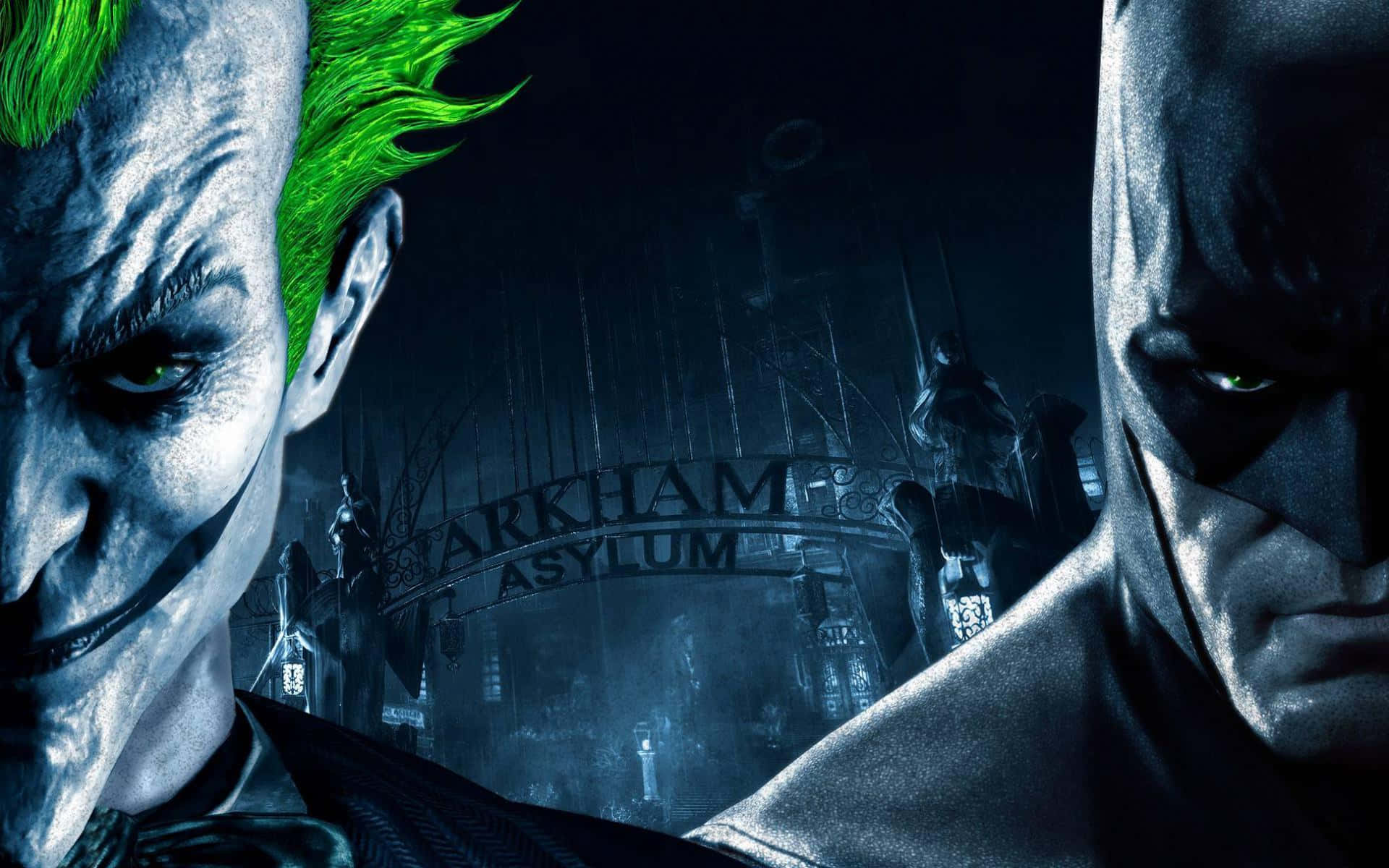 Batman Arkham Asylum 桌布 壁紙 — 小丑與蝙蝠俠在陰森藍光下於黑暗哥德式精神病院對峙。