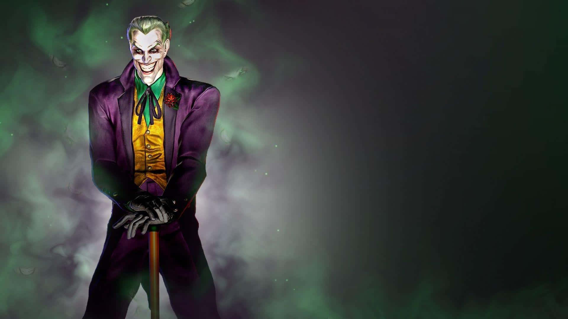 Mortal Kombat Characters 桌布 壁紙 — 小丑身穿紫色西裝，在煙霧彌漫的綠色背景下，手持手杖，露出邪惡的笑容，氣勢洶洶。