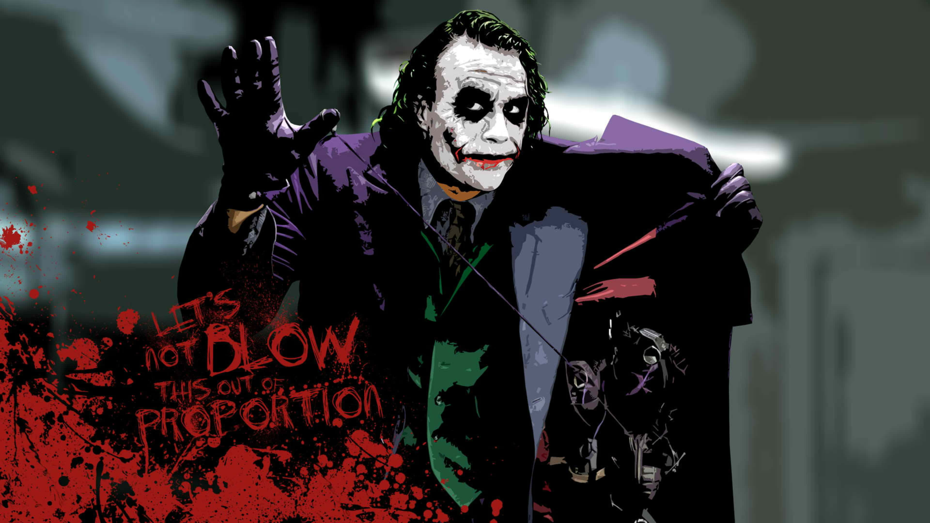 Dark Knight Joker In 4K Ultra HD 桌布 壁紙 — 小丑身穿紫色西裝，白色臉部塗料和紅色嘴唇，在帶有紅色飛濺和塗鴉文字的黑暗背景上舉起戴手套的手。