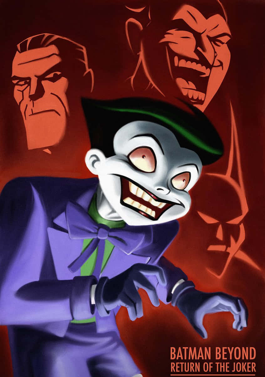 Batman Beyond Return Of The Joker 桌布 壁紙 — 小丑身穿紫色西裝和綠色領結，在紅色背景前狂笑，身後有陰影面孔隱現。