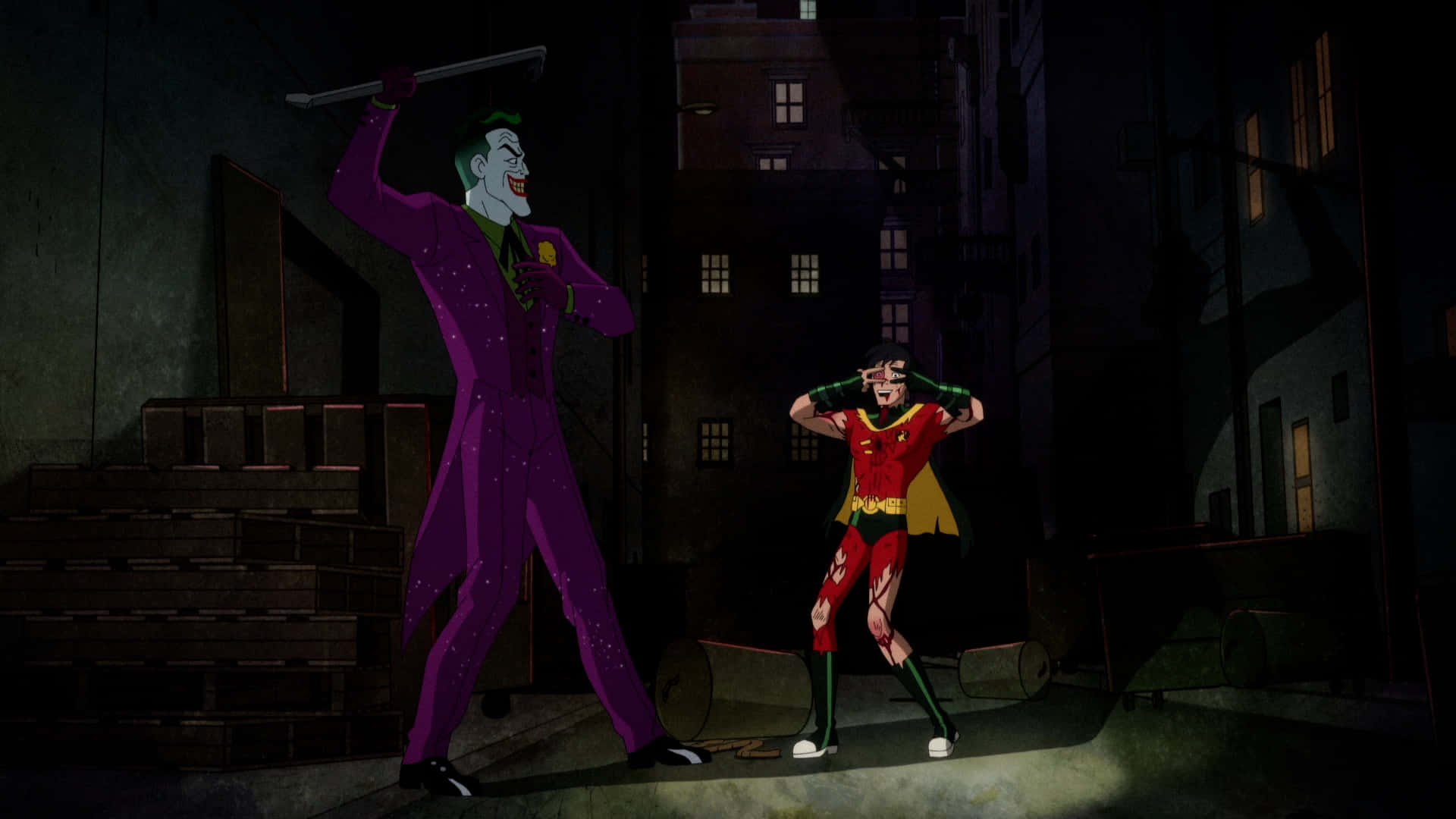 Batman Streets Of Gotham 桌布 壁紙 — 小丑身穿閃閃發光的紫色西裝，將球棒高舉過頭，威脅性地揮舞，而羅賓則在夜晚黑暗的城市小巷中畏縮恐懼。