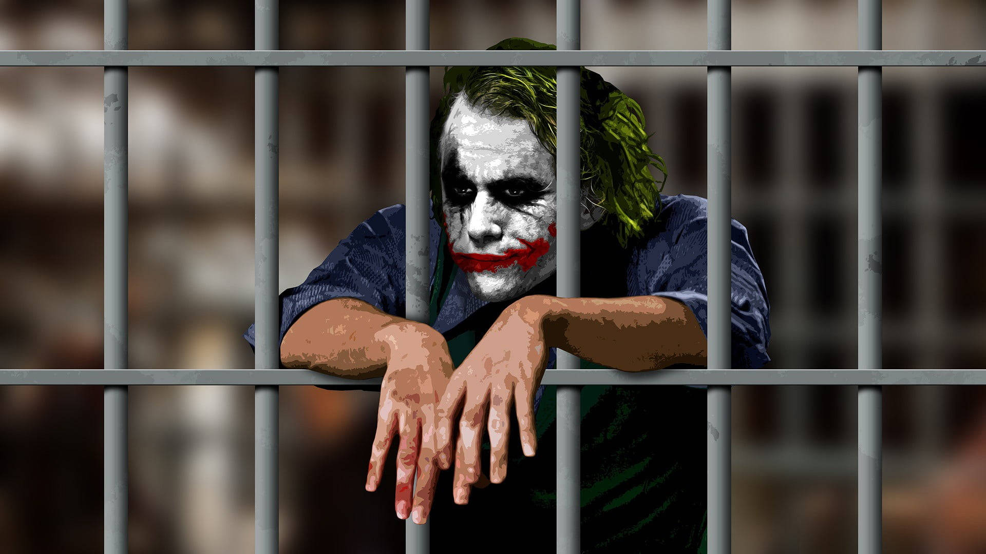 小丑 桌布 壁紙 — 小丑透過監獄鐵欄杆探身，帶著模糊的妝容和綠色頭髮，一幅粗獷的數位藝術肖像。