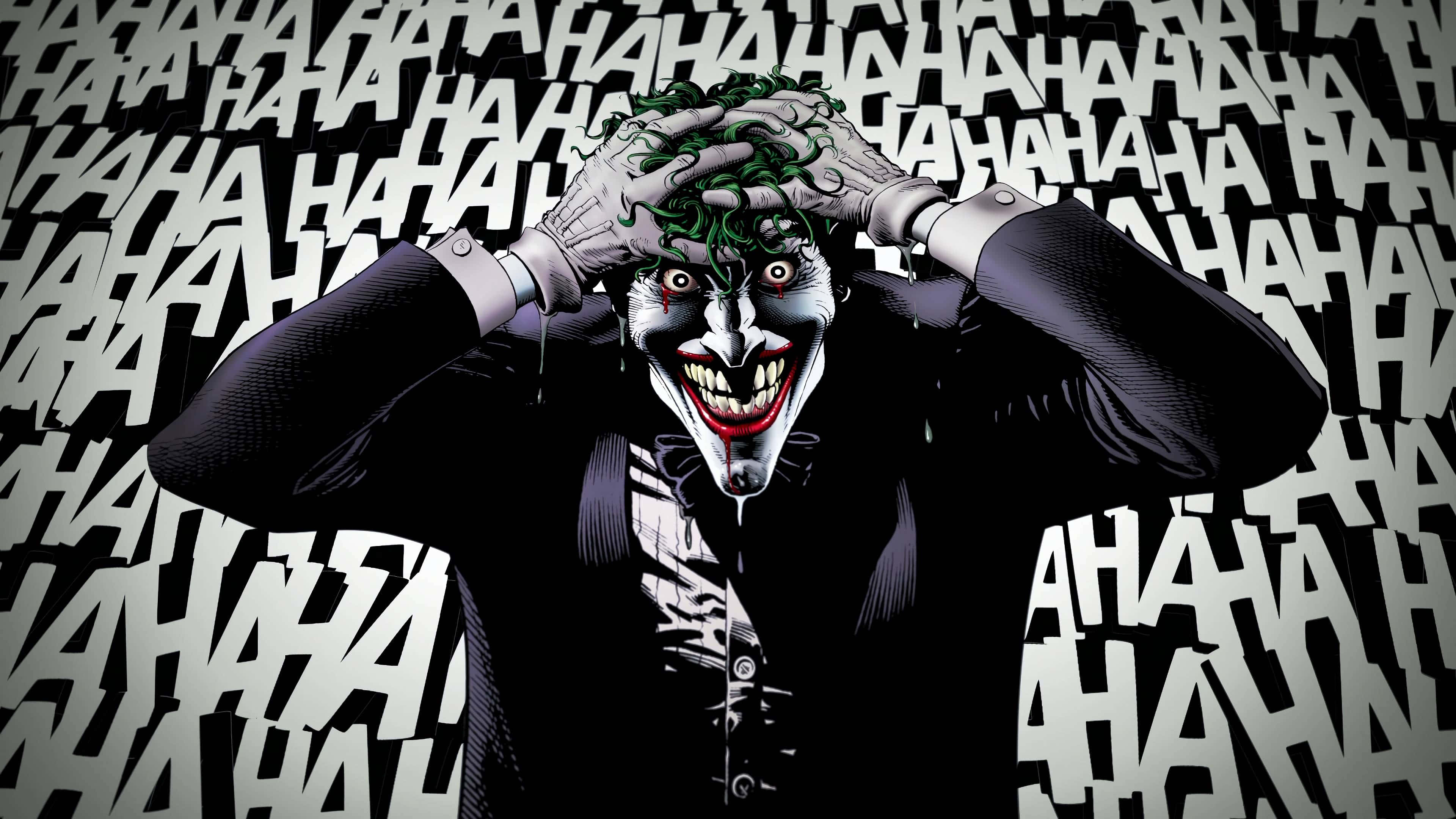 Joker Laughing 桌布 壁紙 — 小丑雙手放在頭上，對著重複的「HAHAHA」背景瘋狂大笑，風格如漫畫書。