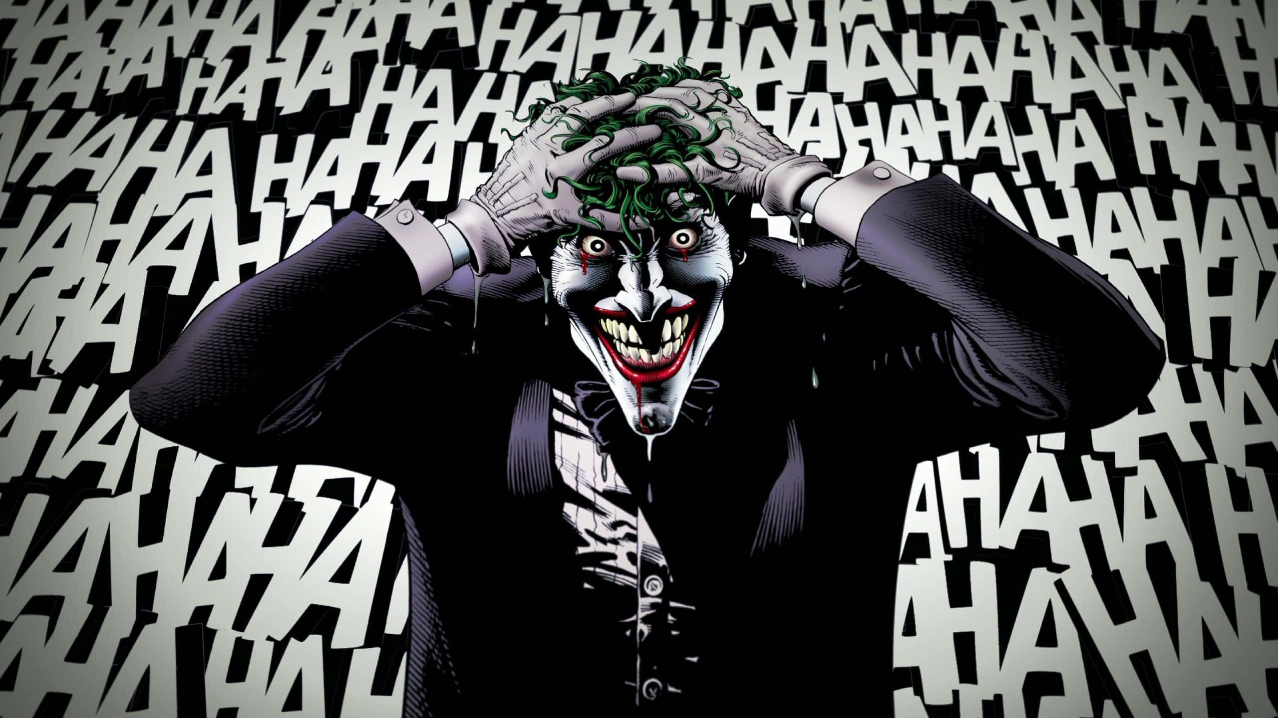 Joker Comic 桌布 壁紙 — 小丑雙手放在頭上，對著重複的「HAHAHA」背景，以漫畫風格狂笑。