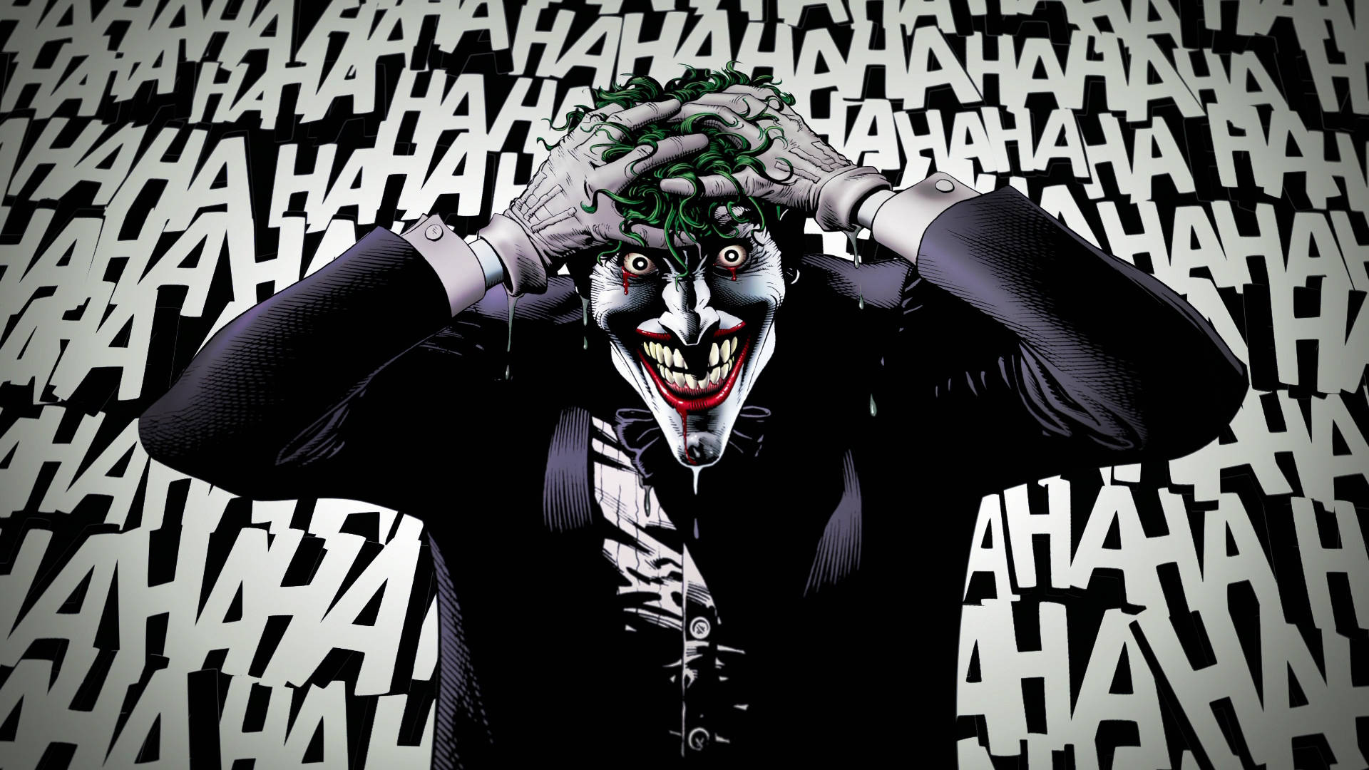 Black And White Joker 桌布 壁紙 — 小丑雙手放在頭上，對著重複的「HAHAHA」背景，以漫畫風格狂笑。