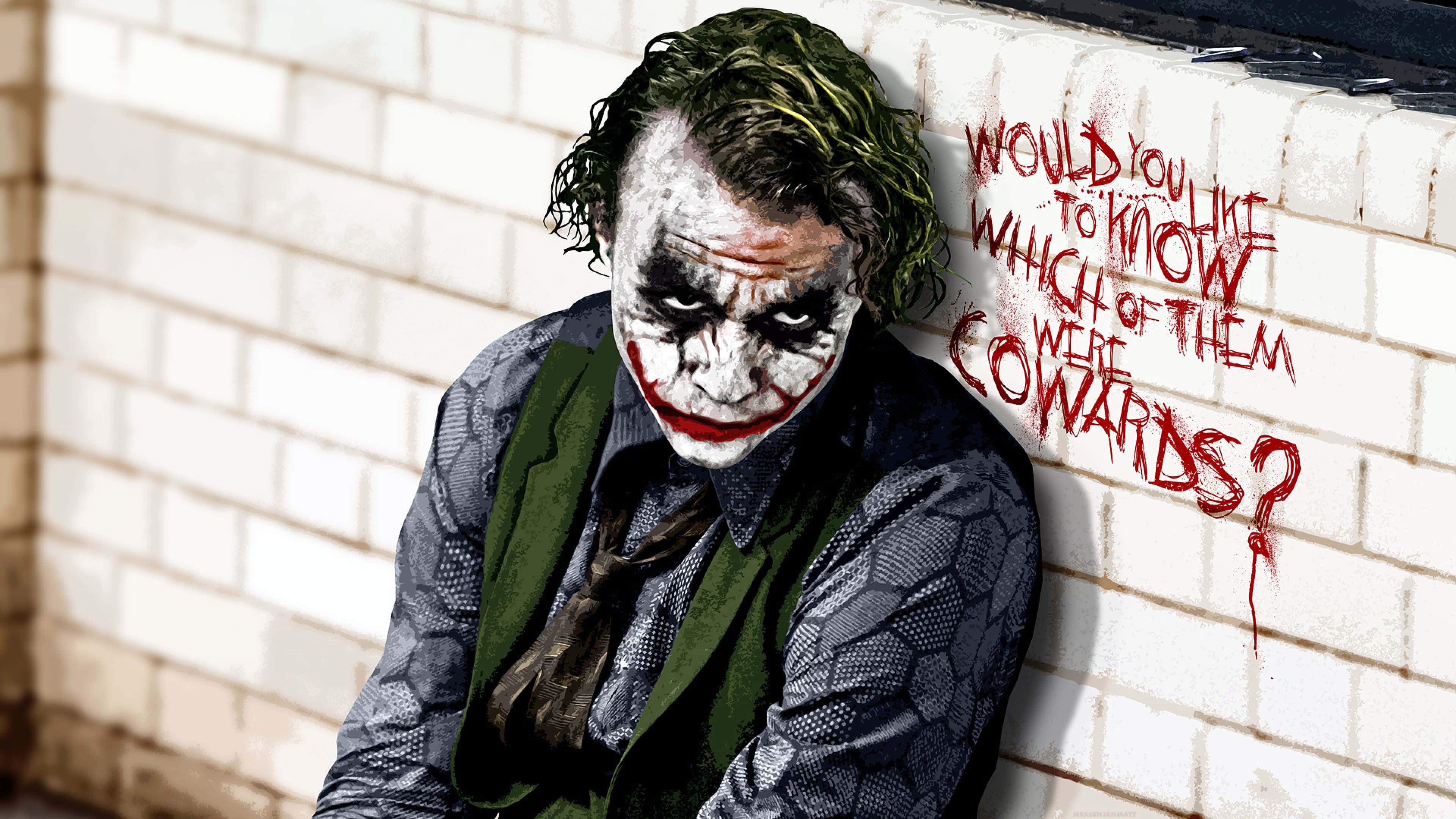 Dark Knight Joker In 4K Ultra HD 桌布 壁紙 — 小丑靠在白色磚牆上，紅色塗鴉寫著『你想知道他們當中誰是懦夫嗎？』
