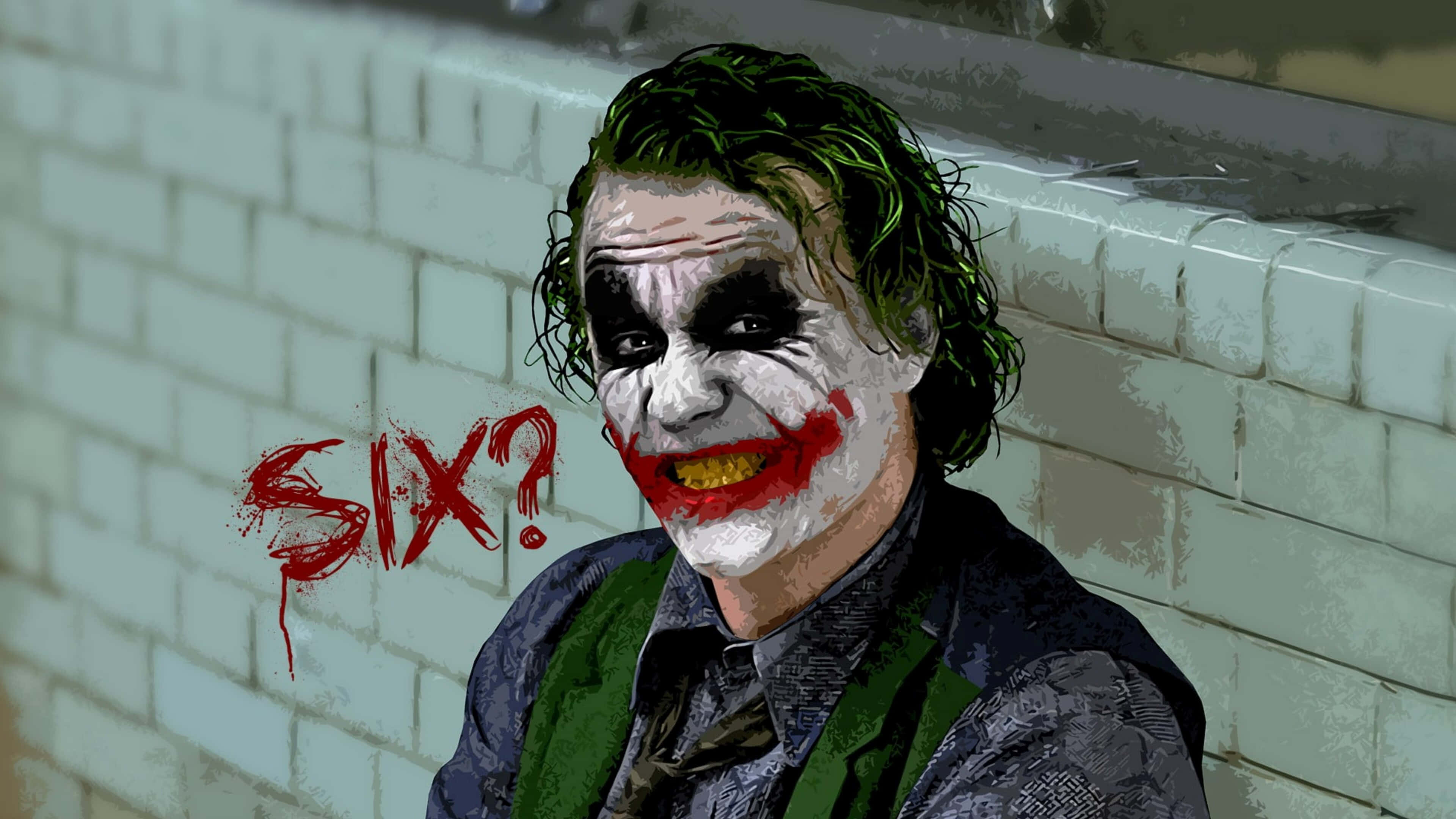 Dark Knight Joker In 4K Ultra HD 桌布 壁紙 — 小丑靠在磁磚牆上，露出狂笑和紅色抹開的嘴唇，而他旁邊的「SIX?」字樣以血紅色油漆濺開。