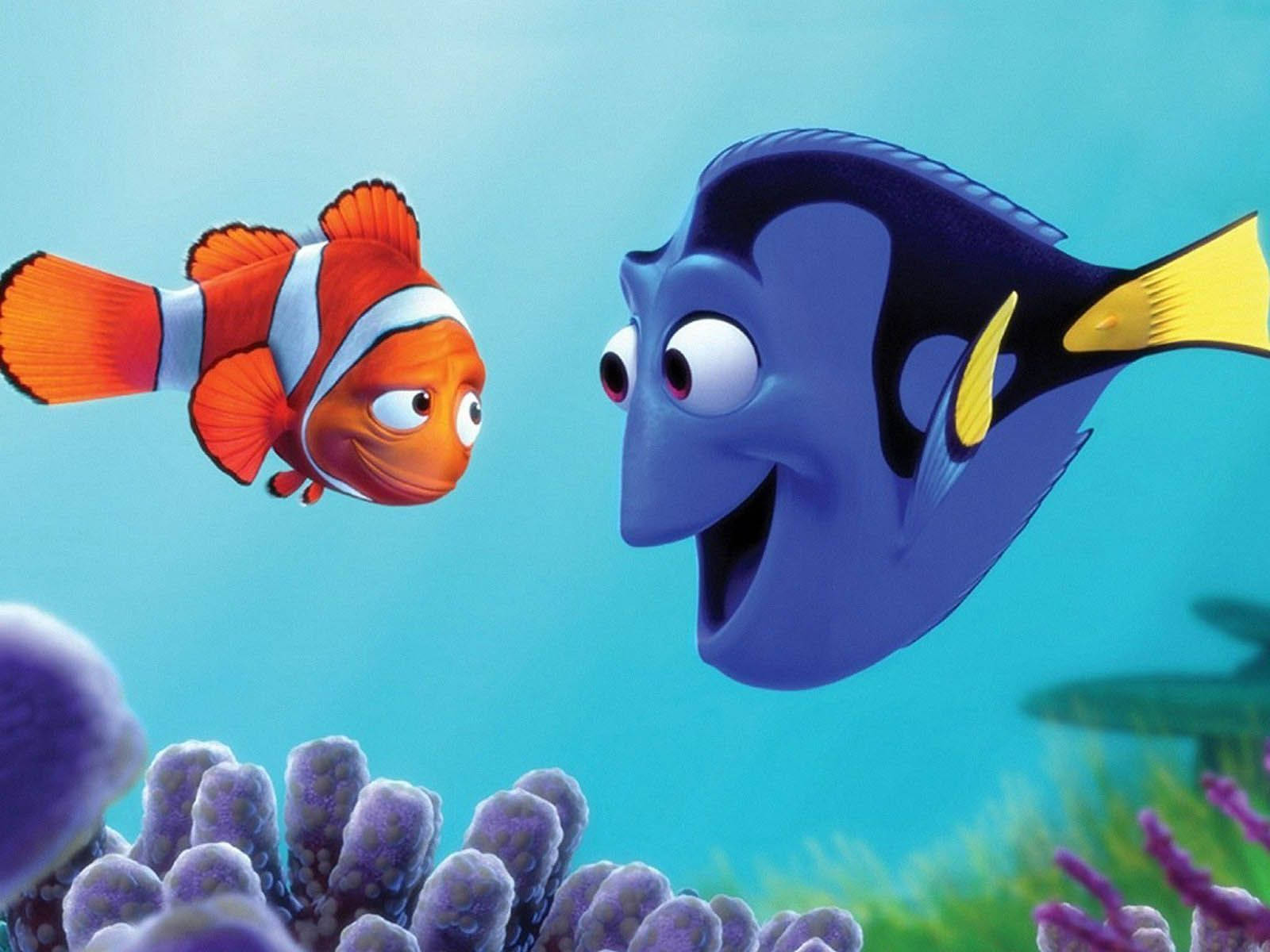 nemo 桌布 壁紙 — 小丑魚和藍倒吊魚在碧綠海水中的生機勃勃的珊瑚礁中對峙。