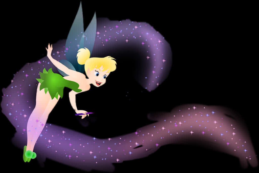 Peter Pan 桌布 壁紙 — 小叮噹在黑色背景上快樂地飛過旋轉的紫色星域。