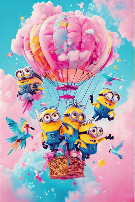 Maximalist Minions Hot Air Balloon Wallpaper with Tropical Birds and Stars 壁紙 — 小小兵乘坐粉彩色熱氣球穿越充滿粉紅雲朵和色彩繽紛鳥兒的天空。