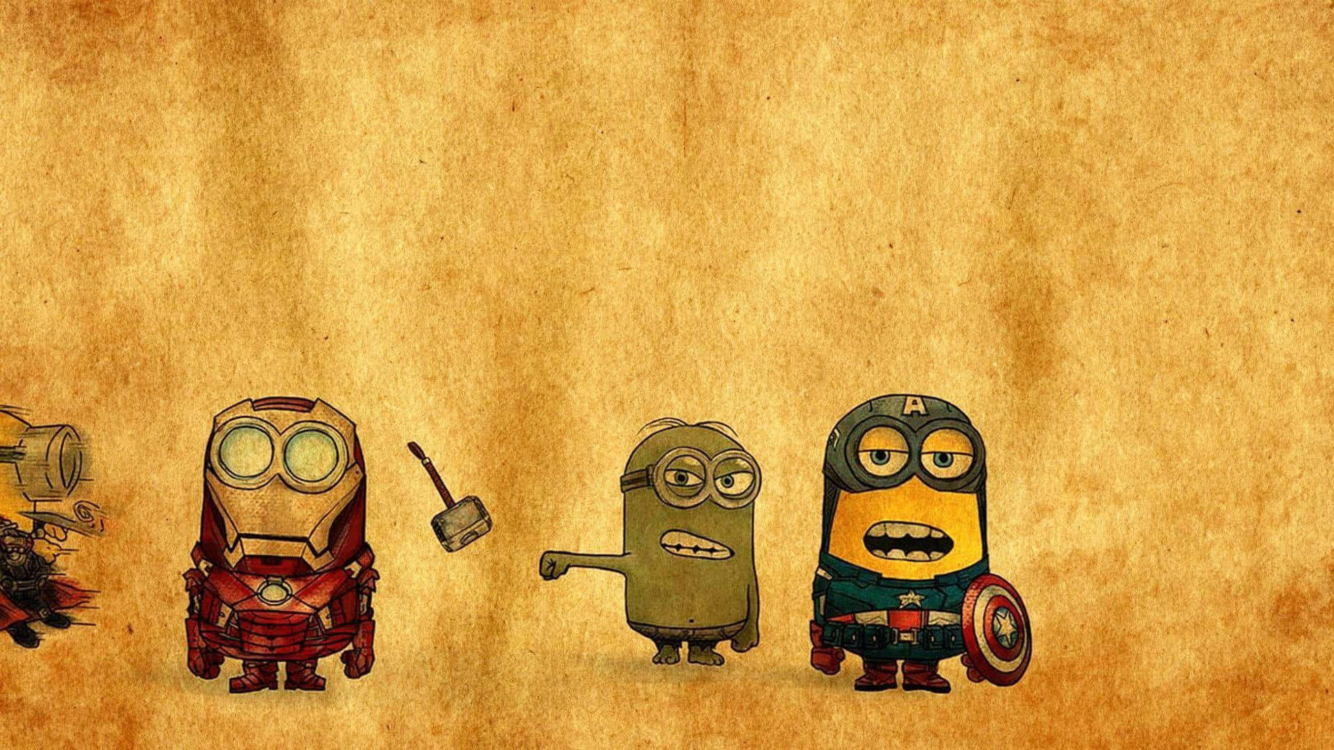 Cartoon Heroes 桌布 壁紙 — 小小兵打扮成Marvel超級英雄，站在舊羊皮紙上，帶有漫畫風格和俏皮表情。
