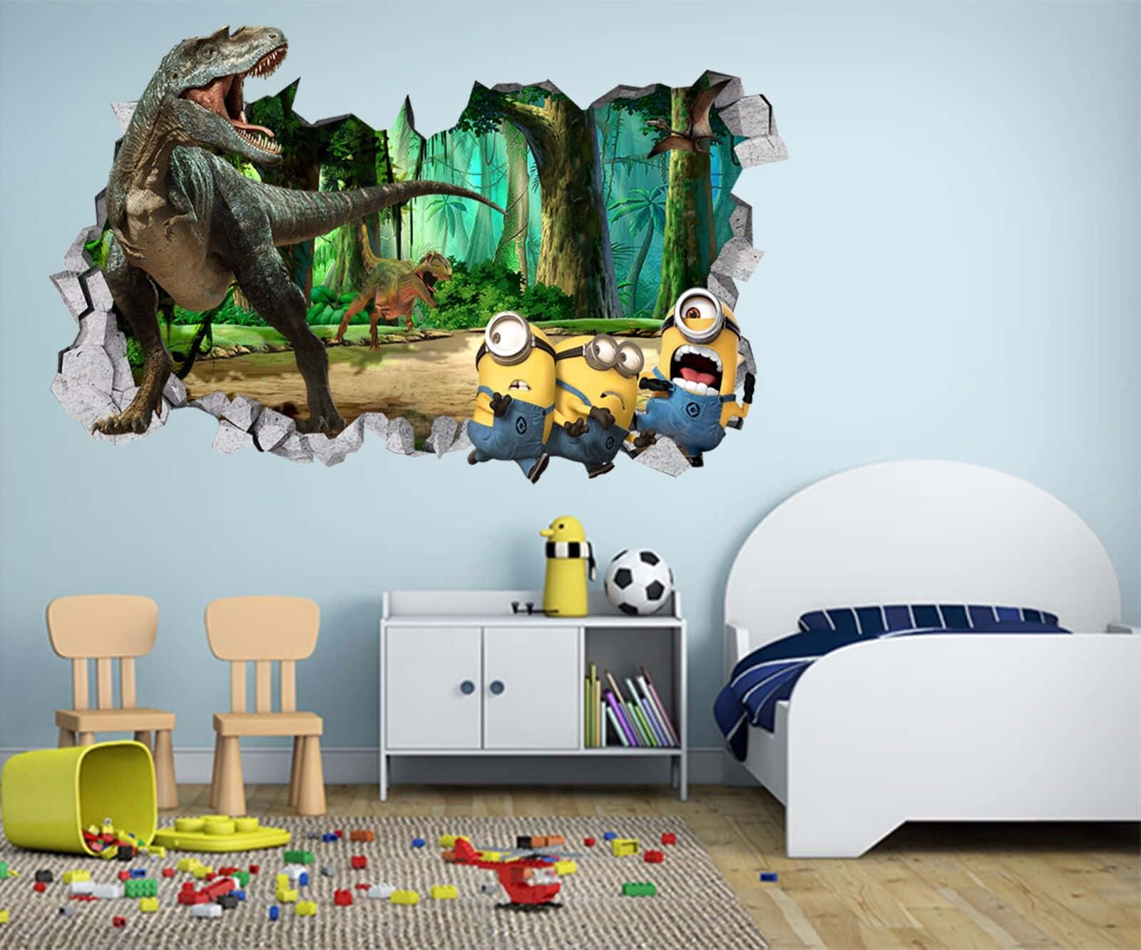 3d Dinosaur 桌布 壁紙 — 小小兵透過破牆窺視，露出茂密叢林中咆哮的恐龍。