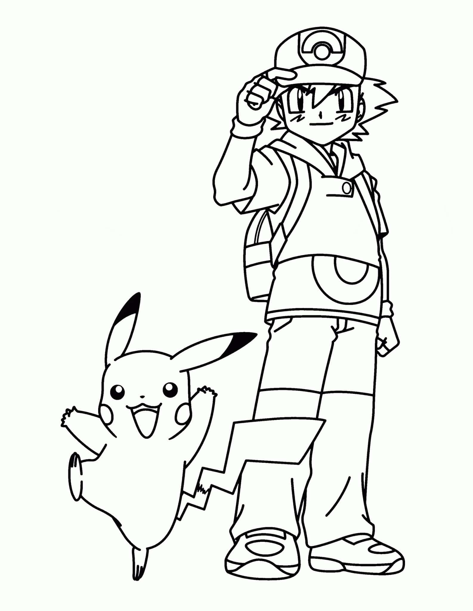 Pokemon Coloring 桌布 壁紙 — 小智傾斜帽子的黑白線條畫，旁邊是他開朗的電屬性寶可夢皮卡丘。